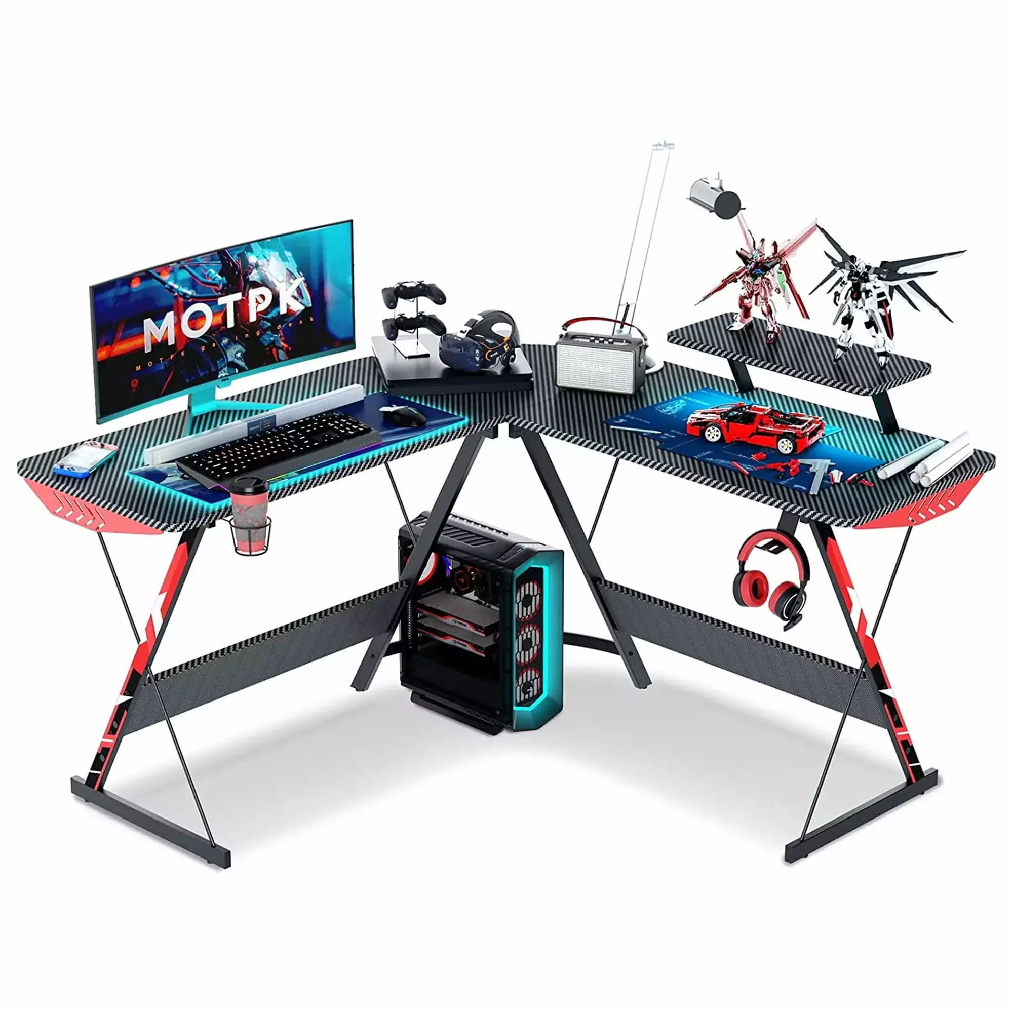 Open Box MOTPK 51 Inch L Shaped Carbon Fiber Computer Gaming Desk Shelf