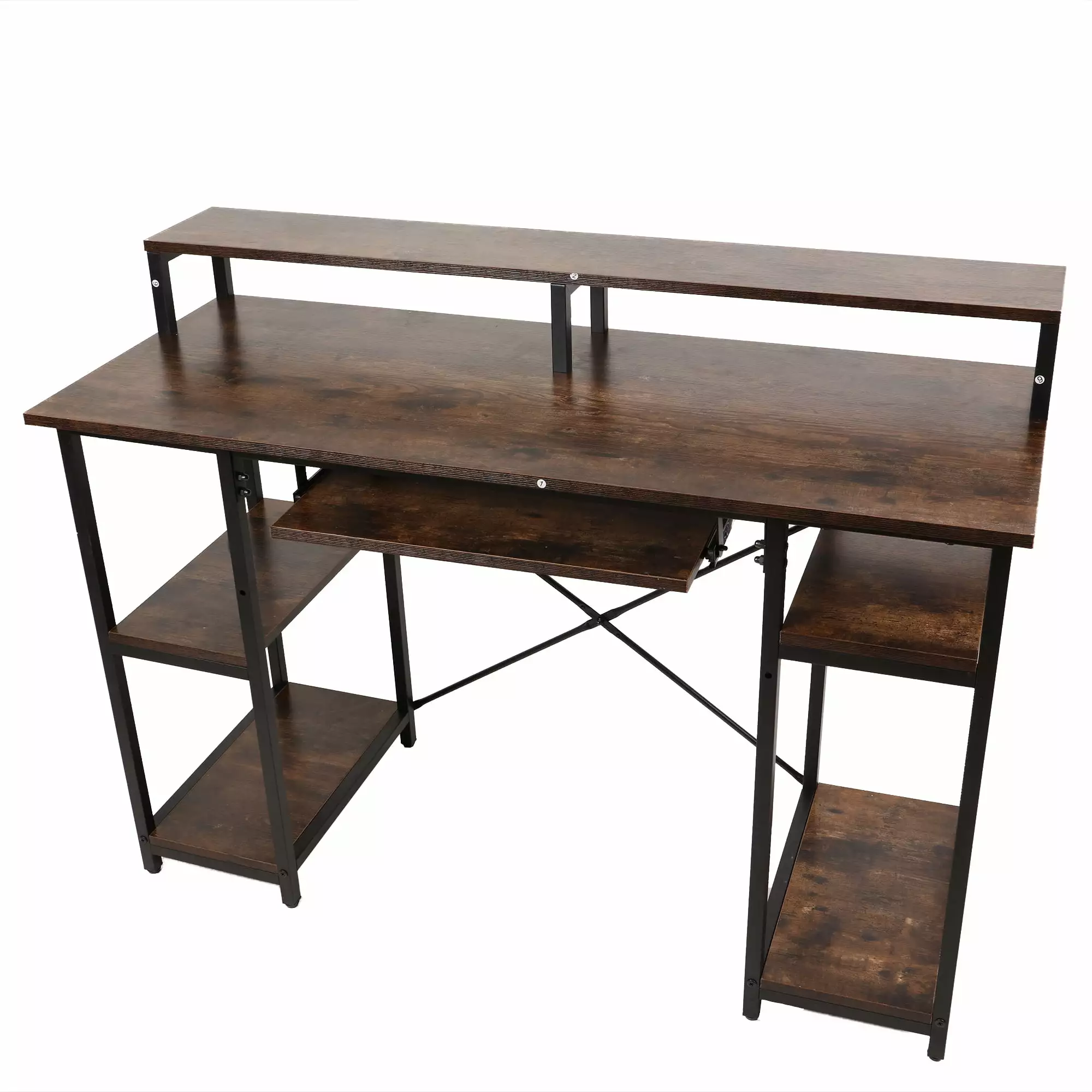 47 Inch Gaming Desk Rustic Brown Computer Desk Storage Shelves Monitor Stand Keyboard Tray OKHOTY