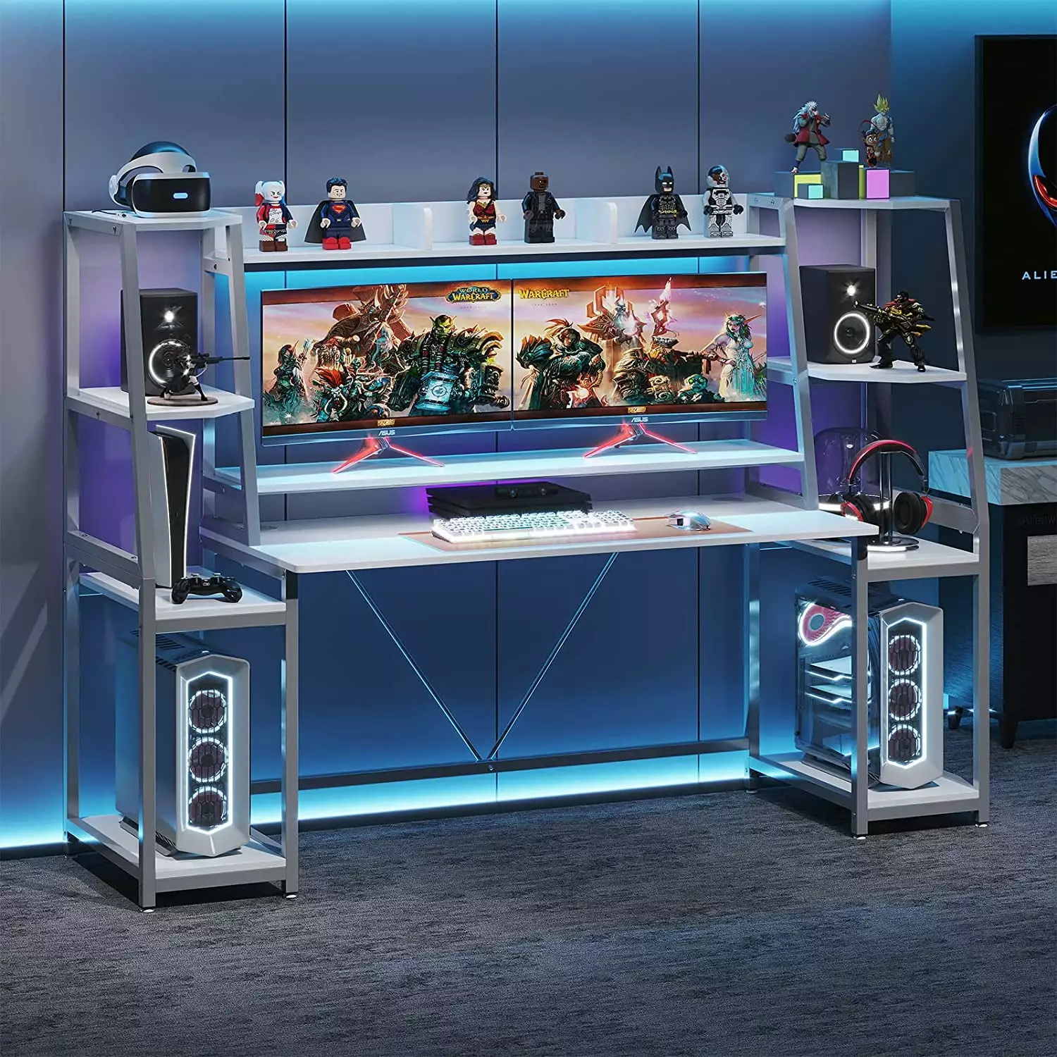 Computer Desk Hutch & LED Lights - Gaming Desk Double 4-Tier Storage Shelves Bedroom OTMCOOUCH