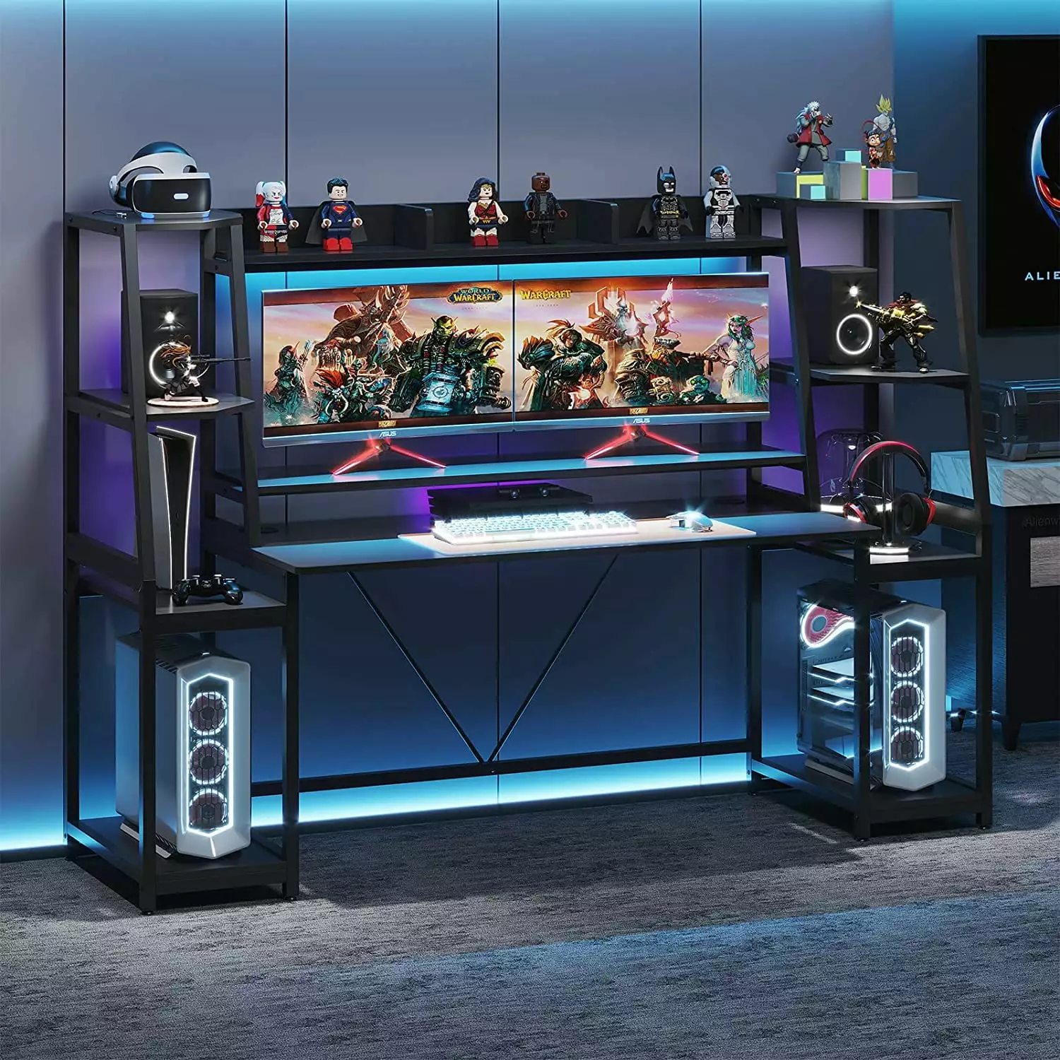 Gaming Desk LED Strips and Hutch Computer Desk Storage Shelves OTMCOOUCH
