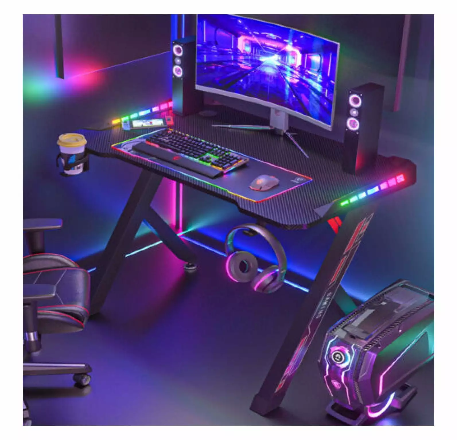 Rongfun XL Gaming Desk RGB LED Lights 3D Carbon Fiber PC Workstation