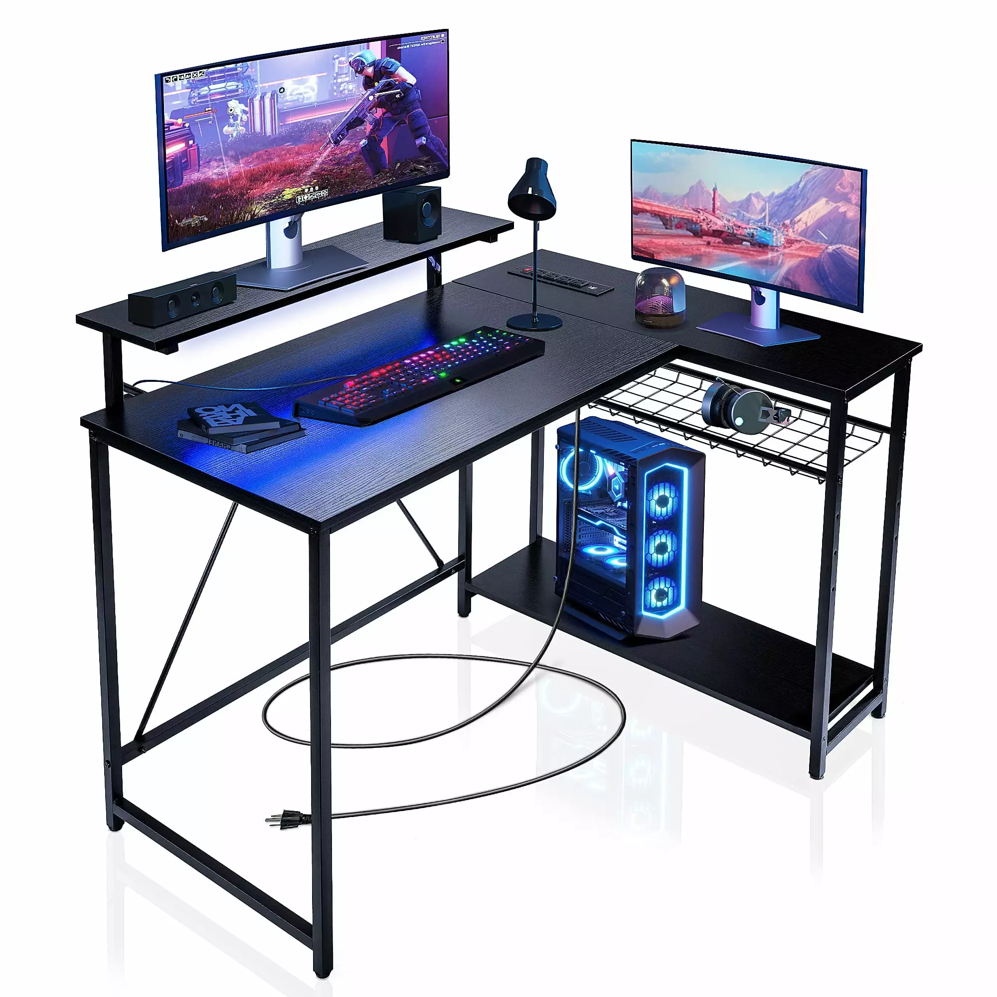 SULIVES 42 Inch L Shaped Gaming Desk LED, Outlets, Monitor Stand & USB Office Writing Black