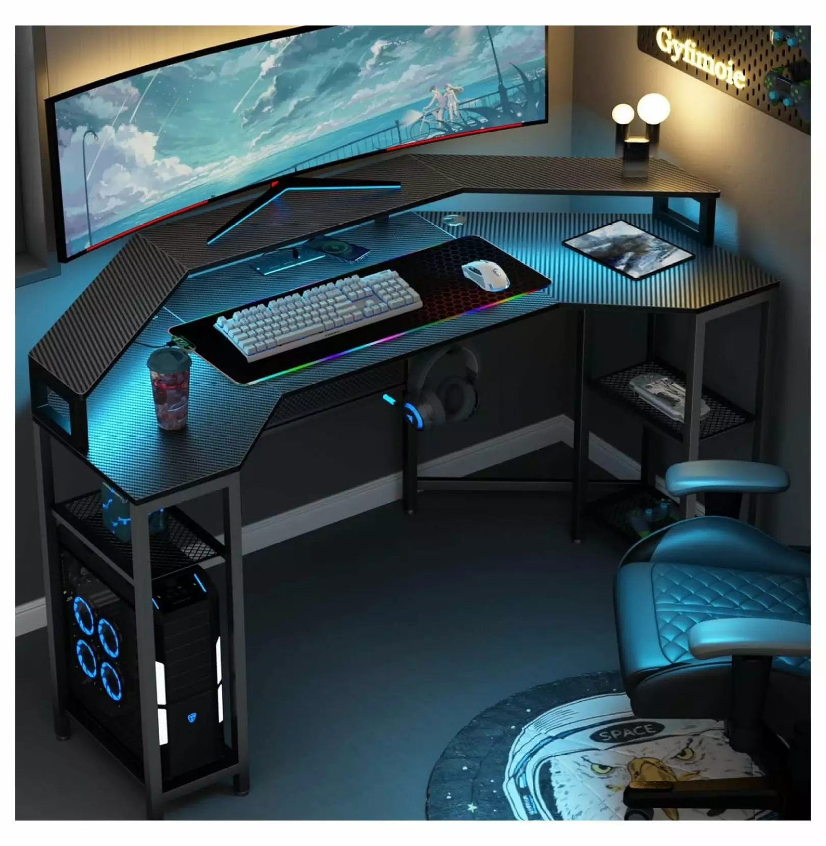 Lomie 63 Large Wing-Shaped Gaming Desk Power Outlet LED Light Wireless Charging RGB Mouse Pad Superwum