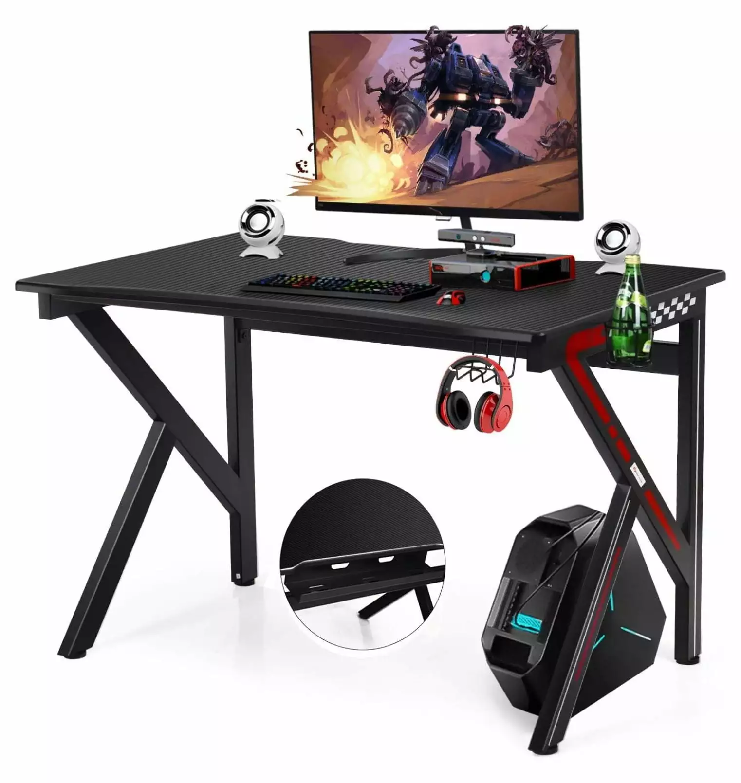 Superwum Gaming Desk 45 Computer Desk Cup Holder Headphone Hook Curved Ergonomic Workstation