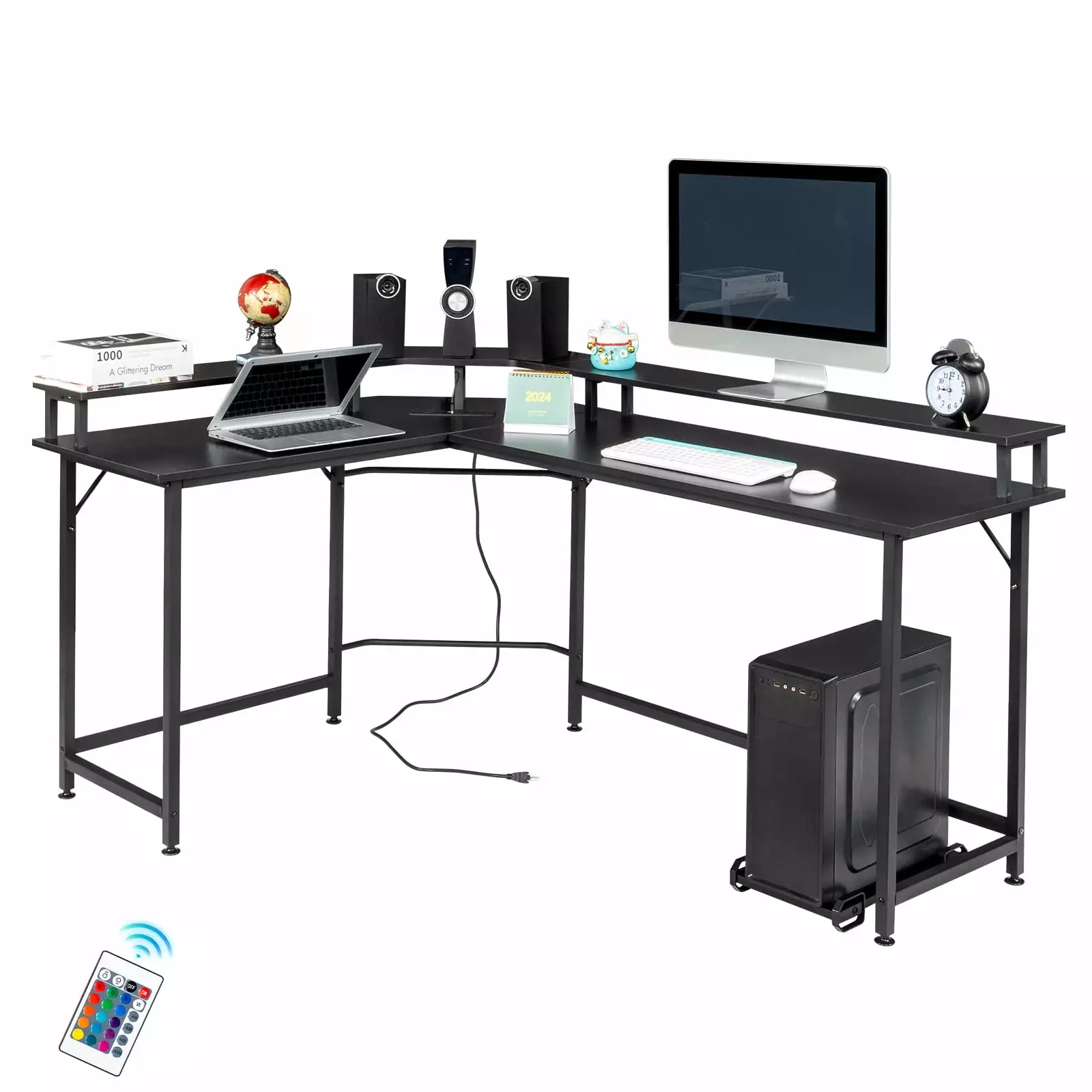 Tcbosik L-shaped Computer Desk RGB Light Home Office Desk USB Ports Gaming Table Home Office Black