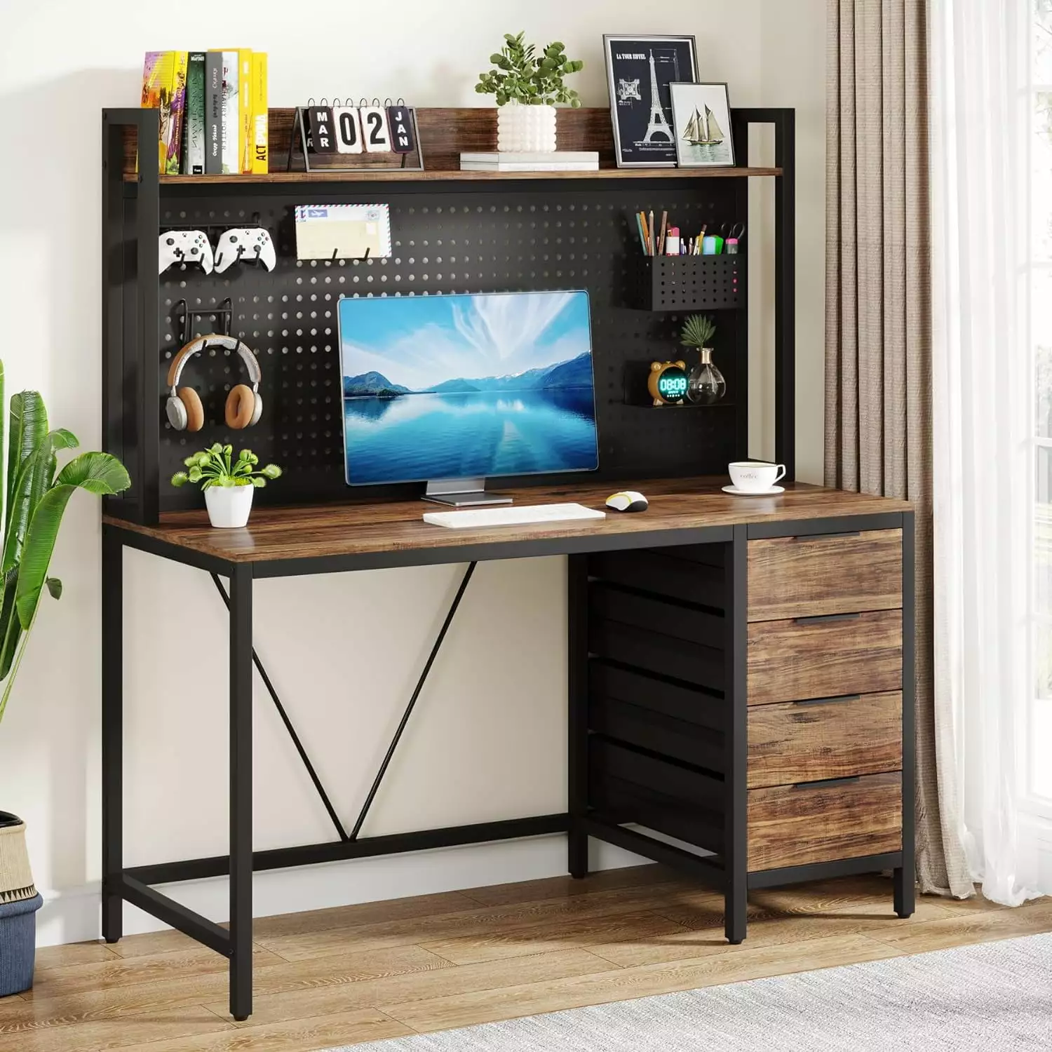 Tribesigns Computer Desk 4 Drawers 47 Inches Home Office Desk Hutch Industrial Gaming Desk