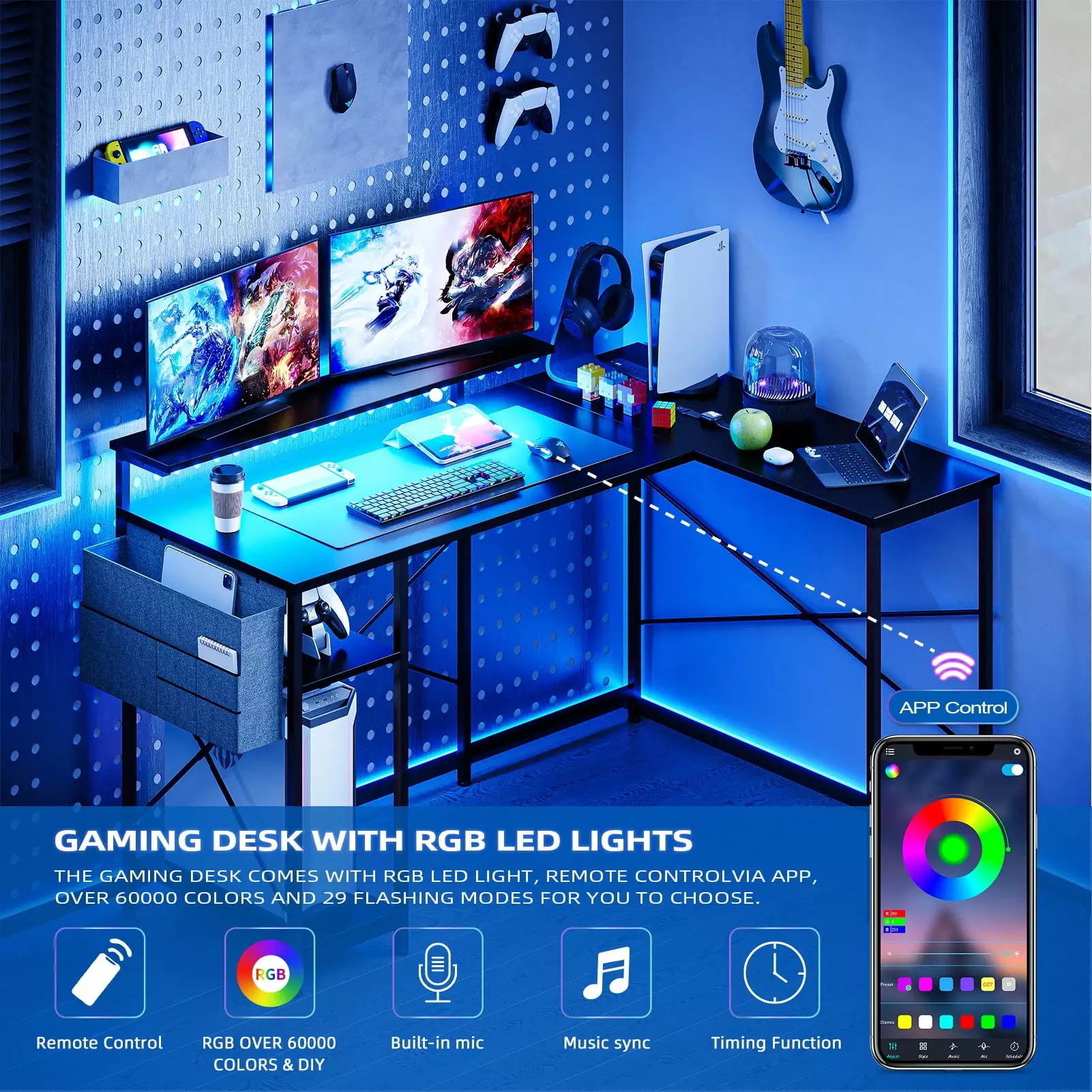 Tropow 54 L Shaped Gaming Desk LED Light Power Outlet Monitor Stand Workstation Black
