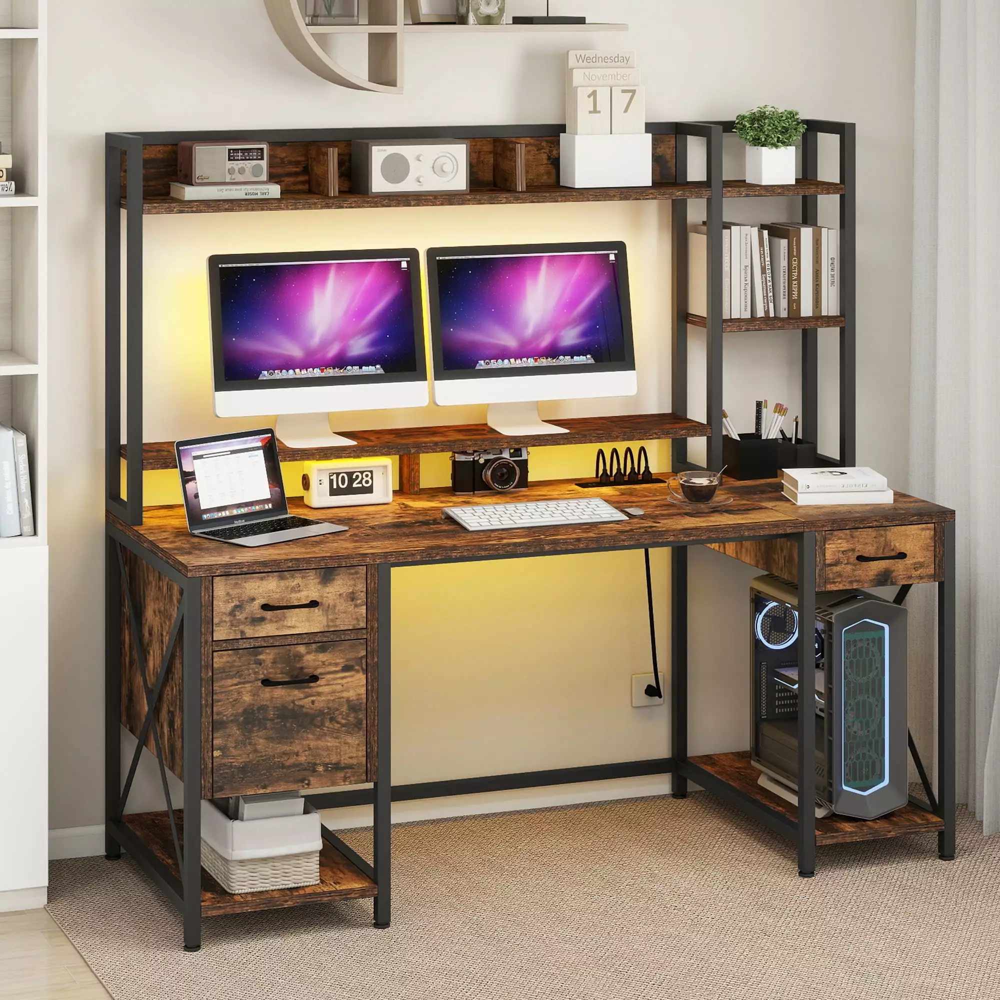 Uforic 59 Inch Brown Computer Desk Power Outlets LED Light and Hutch