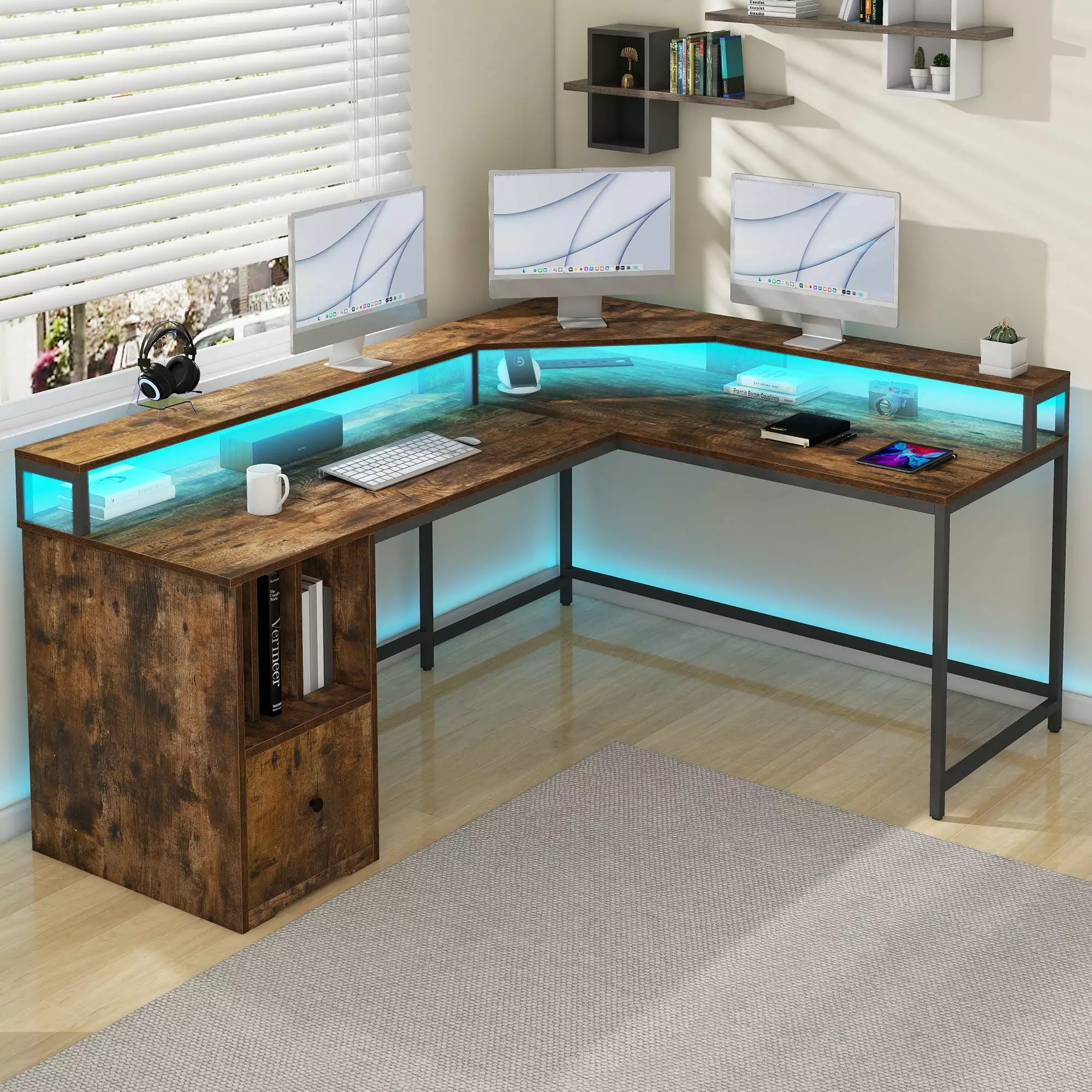 Uforic 67 Inch L Shaped Desk LED Light and Storage Shelves Rustic Brown - Gaming Desk