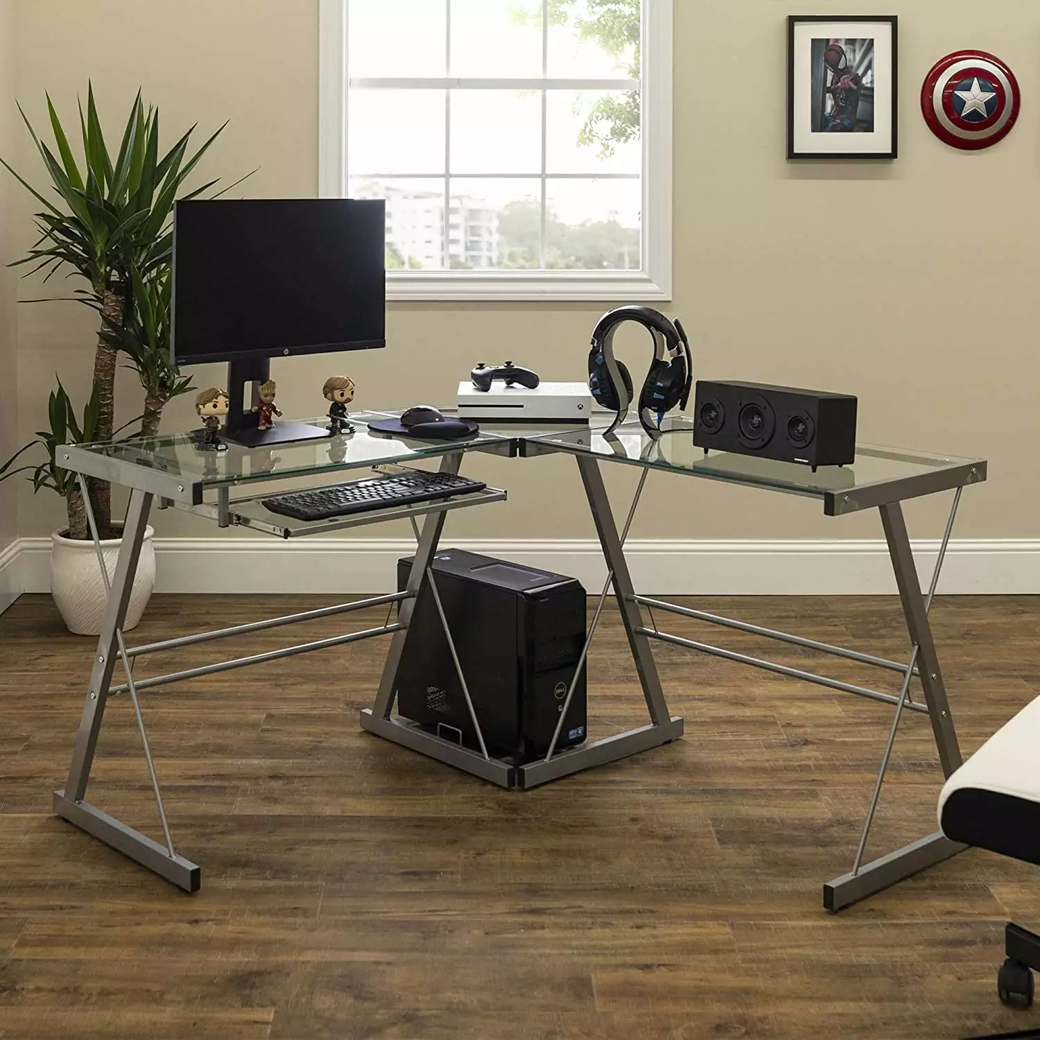 Walker Edison Ellis Modern Glass Top L Shaped Corner Gaming Desk 51 Inch Silver