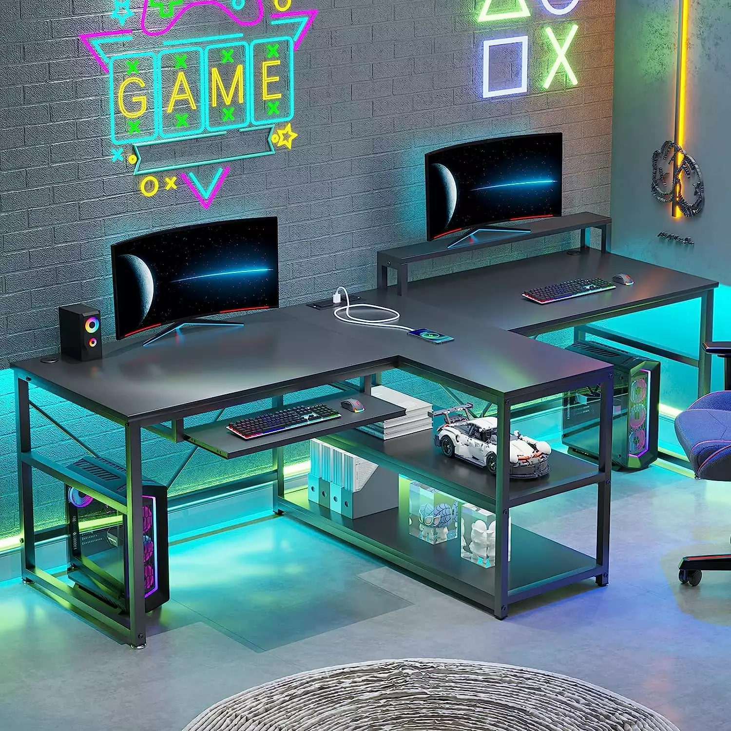 EPHEX 94.5 Office Computer Gaming Desk LED Light 2 Person Desk Storage Shelves Black Weiplehoom