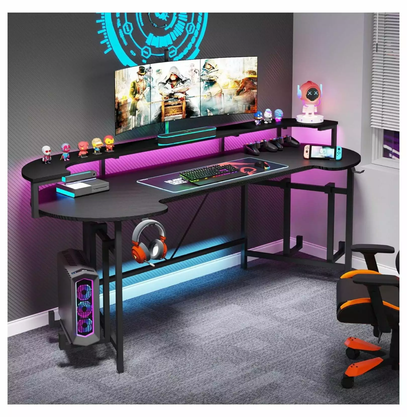 XIAOTAO 75 Inch Gaming Desk Monitor Shelf Large PC Computer Desk LED Lights Gaming Table Gamer Desk Bedroom Home Office Black