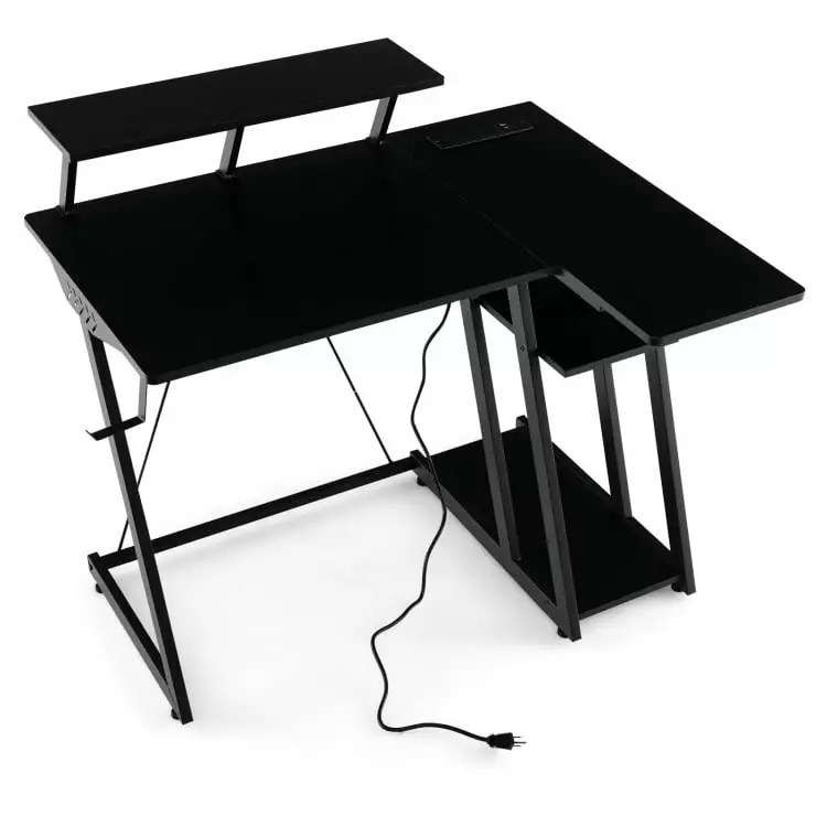 Yardi Yard L Shaped Gaming Desk Outlets and USB Ports Black Computer Study Work Writing