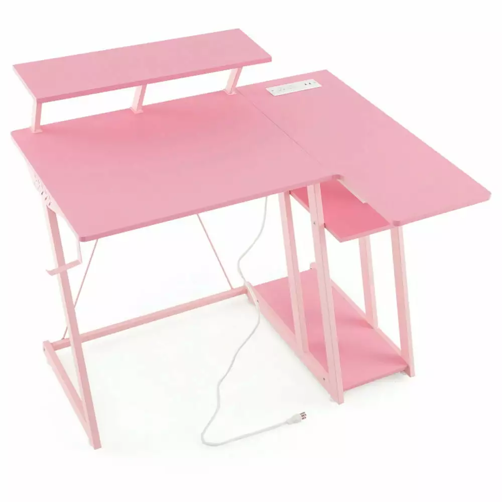 Yardi Yard L Shaped Gaming Desk Outlets and USB Ports Pink Computer Study Writing Workstation