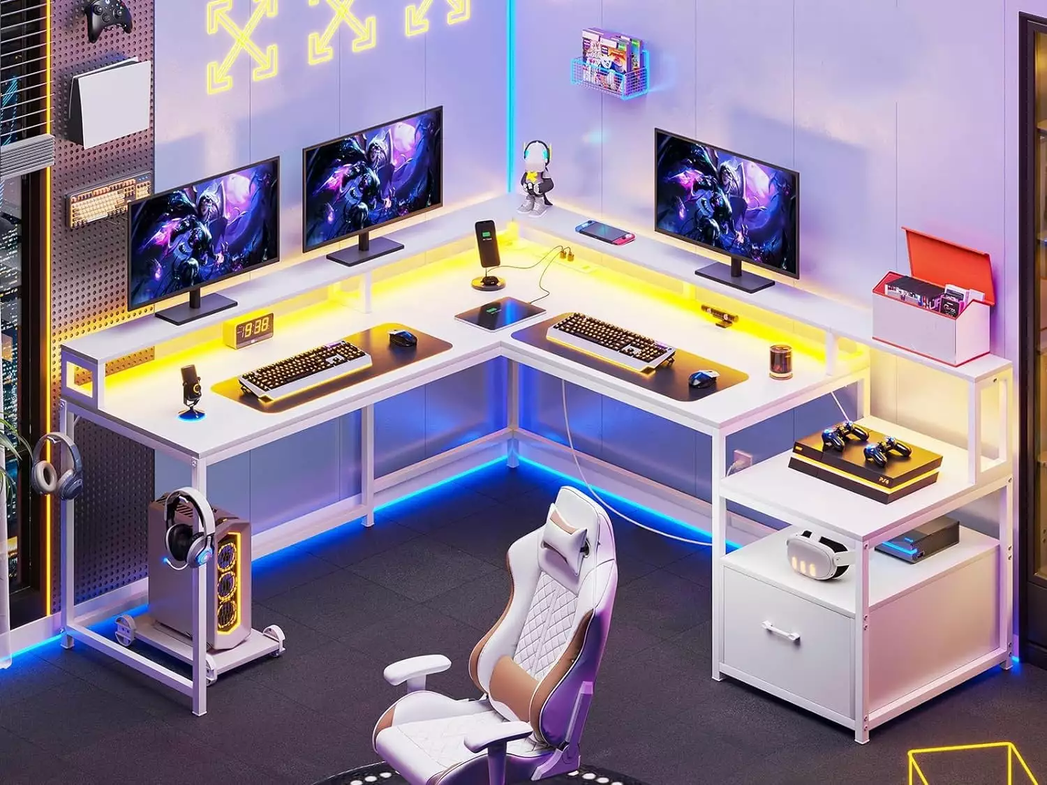 YIDUNLIFE L Shaped Gaming Desk Power Outlet, LED Lights, and Storage Shelves White