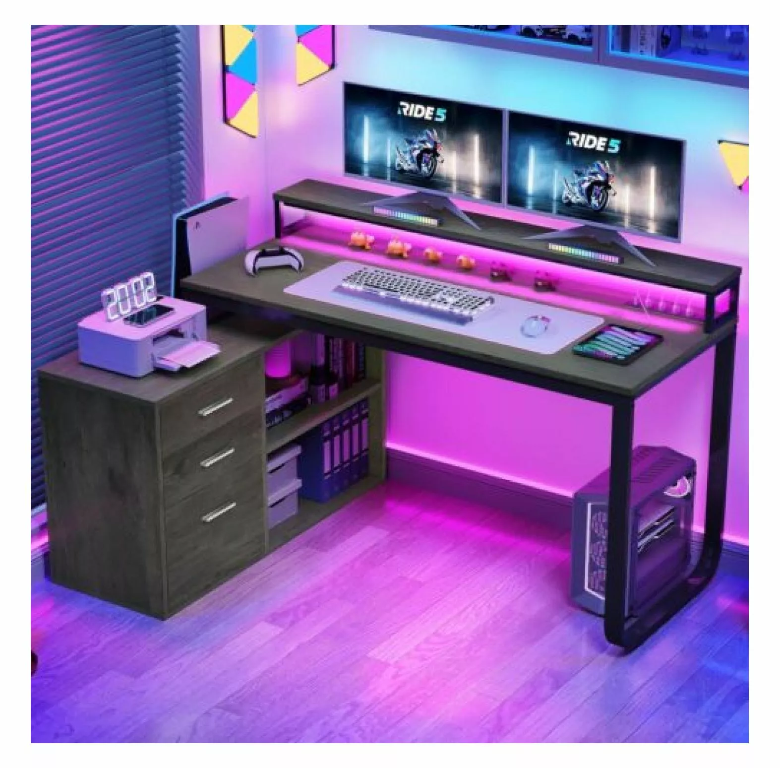 Yunhouse 55 Inch L Shaped Gaming Desk Power Outlets LED Light Corner Computer Desk