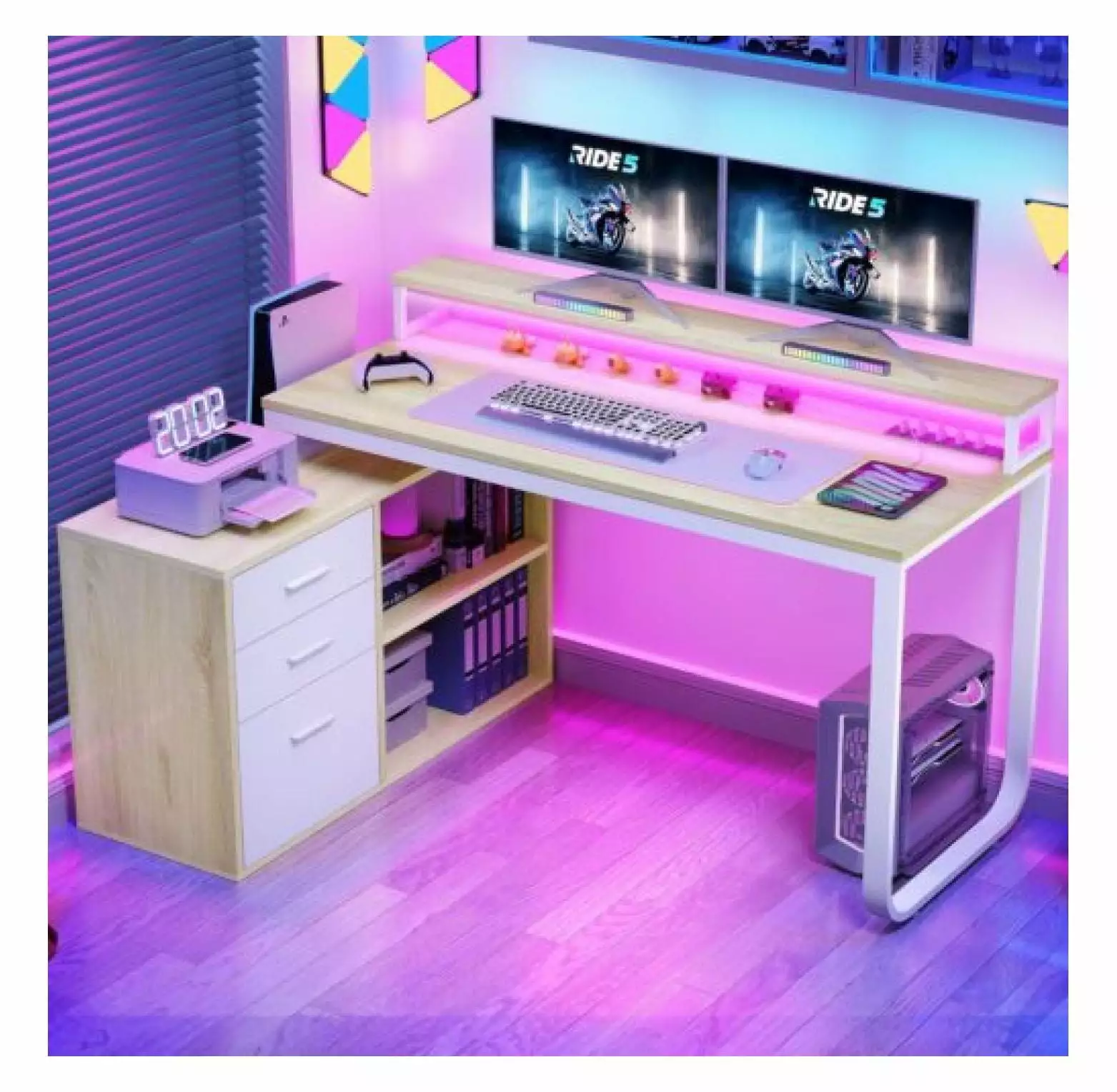 Yunhouse L-Shaped Gaming Desk Corner Computer Desk 3 Drawers LED Light and Power Outlets