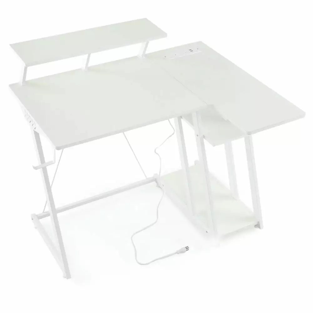 YYAo Computer Desk L Shaped Gaming Desk Outlets and USB Ports White Writing Gaming