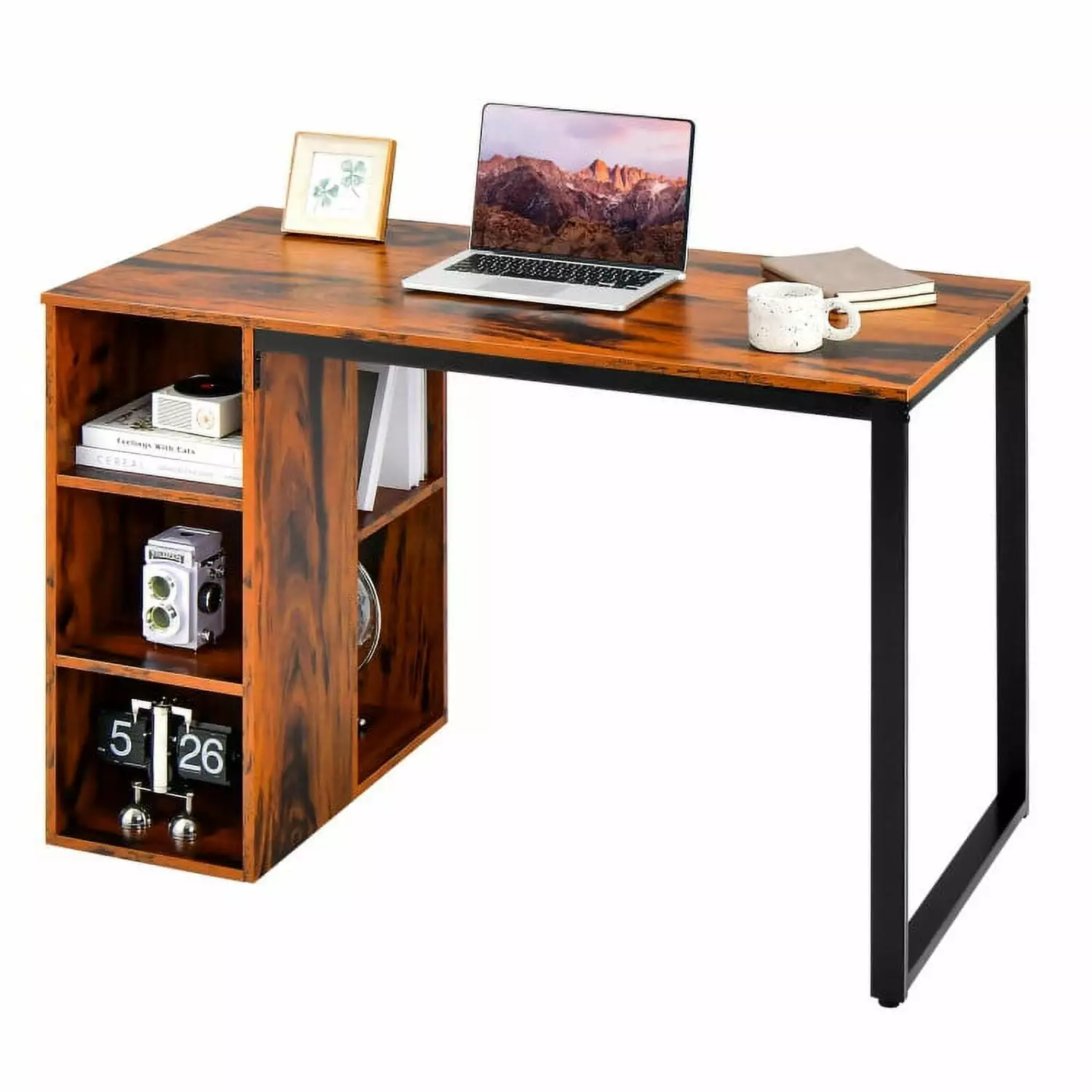 YYAo Computer Desk Writing Table Workstation Gaming Desk 5 Side Shelves and Metal Frame Rustic Brown
