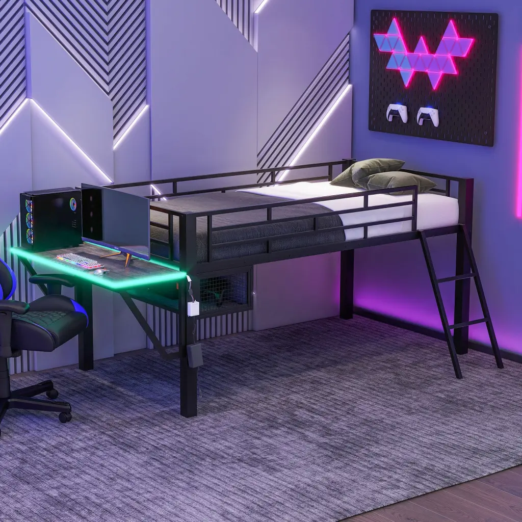 Gaming Mid Loft Bed Desk LED Twin Size Black MDF Metal Frame wm dreamland