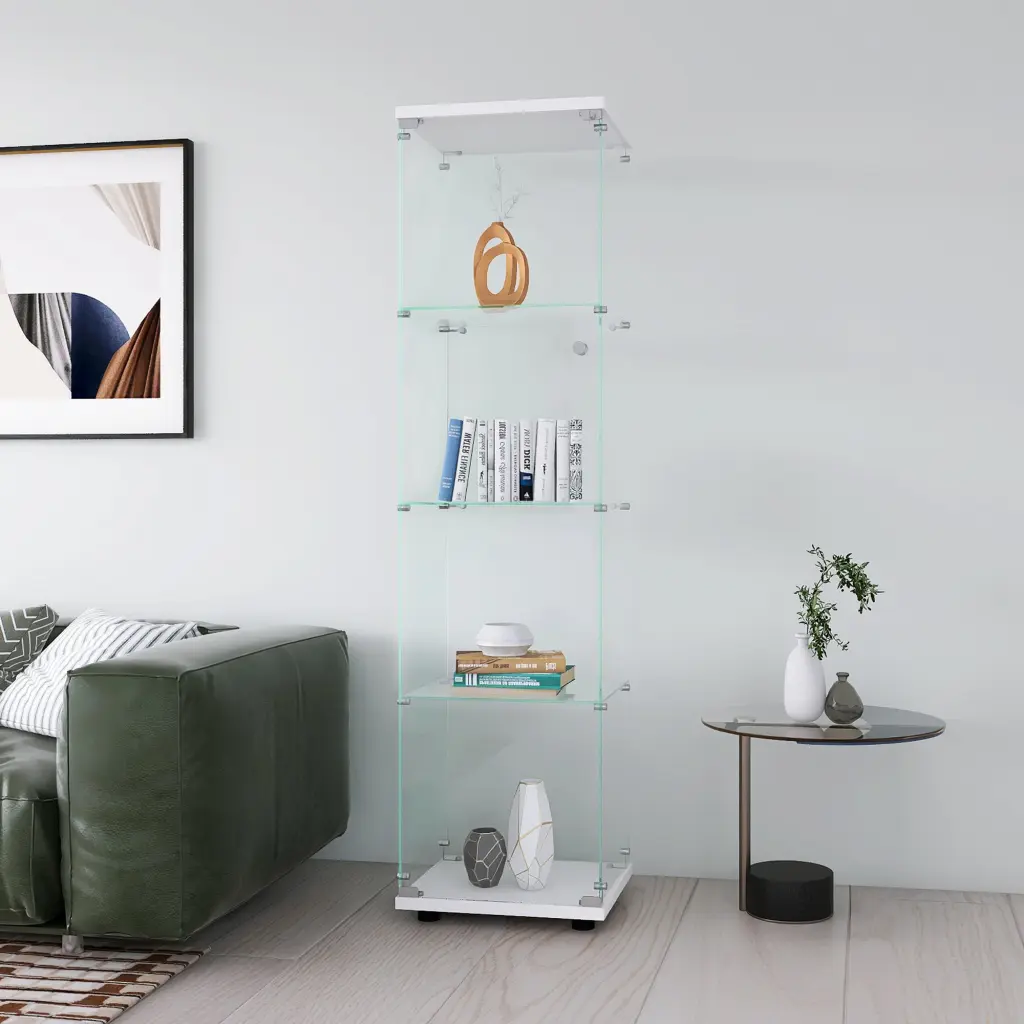 Glass Presentation Cabinet 4 Shelves Door Floor Standing Curio Bookcase fly