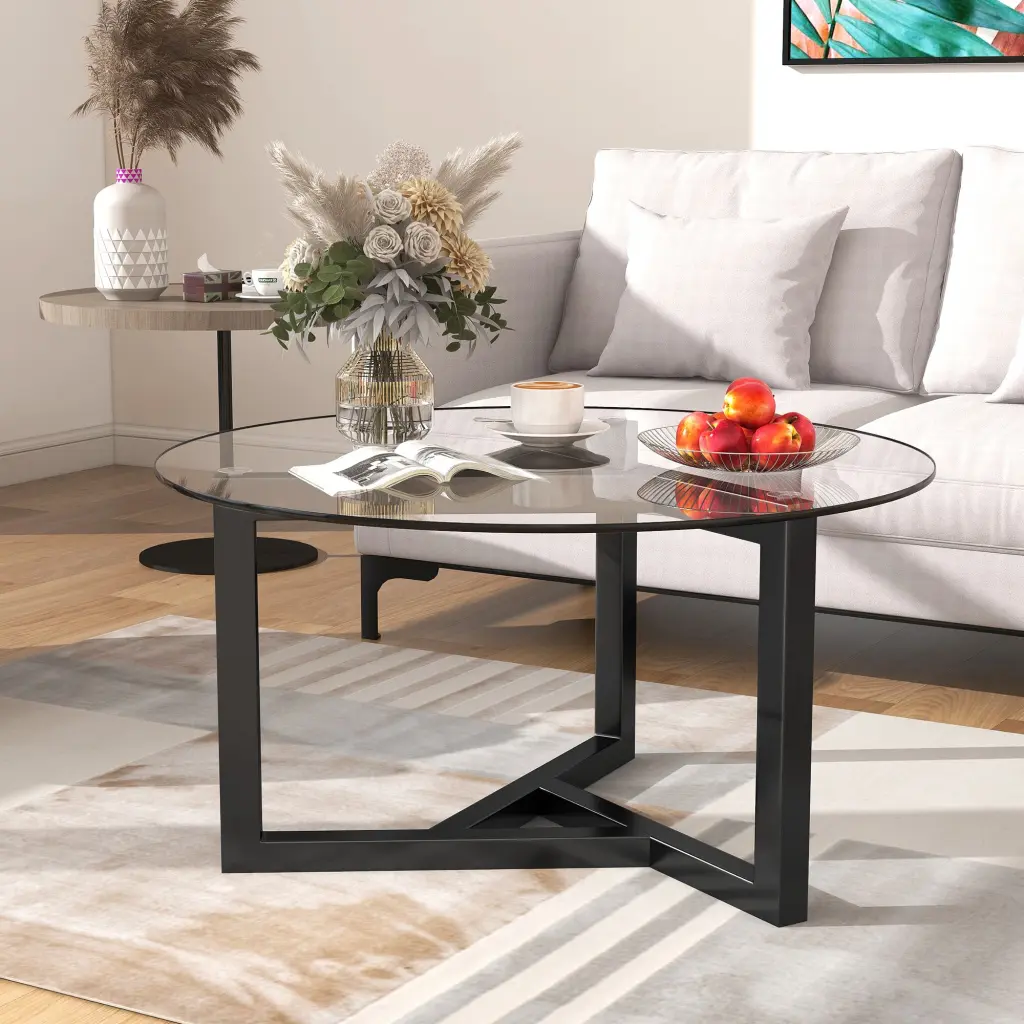 Round Glass Coffee Table Modern Cocktail Table Easy Assembly Tempered Glass on-trend