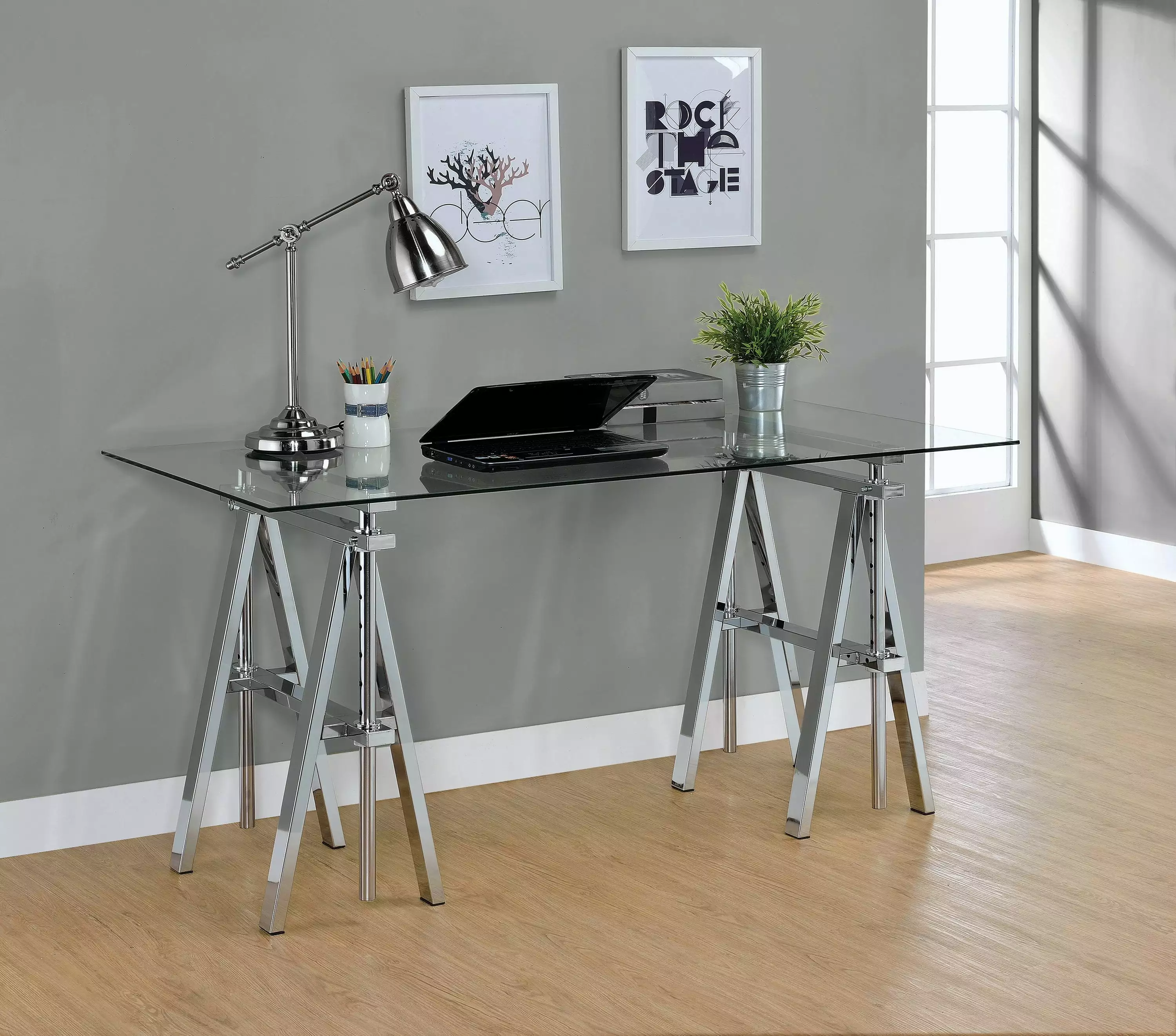 Statham Glass Top Adjustable Writing Desk Clear and Chrome Modern Coaster Company