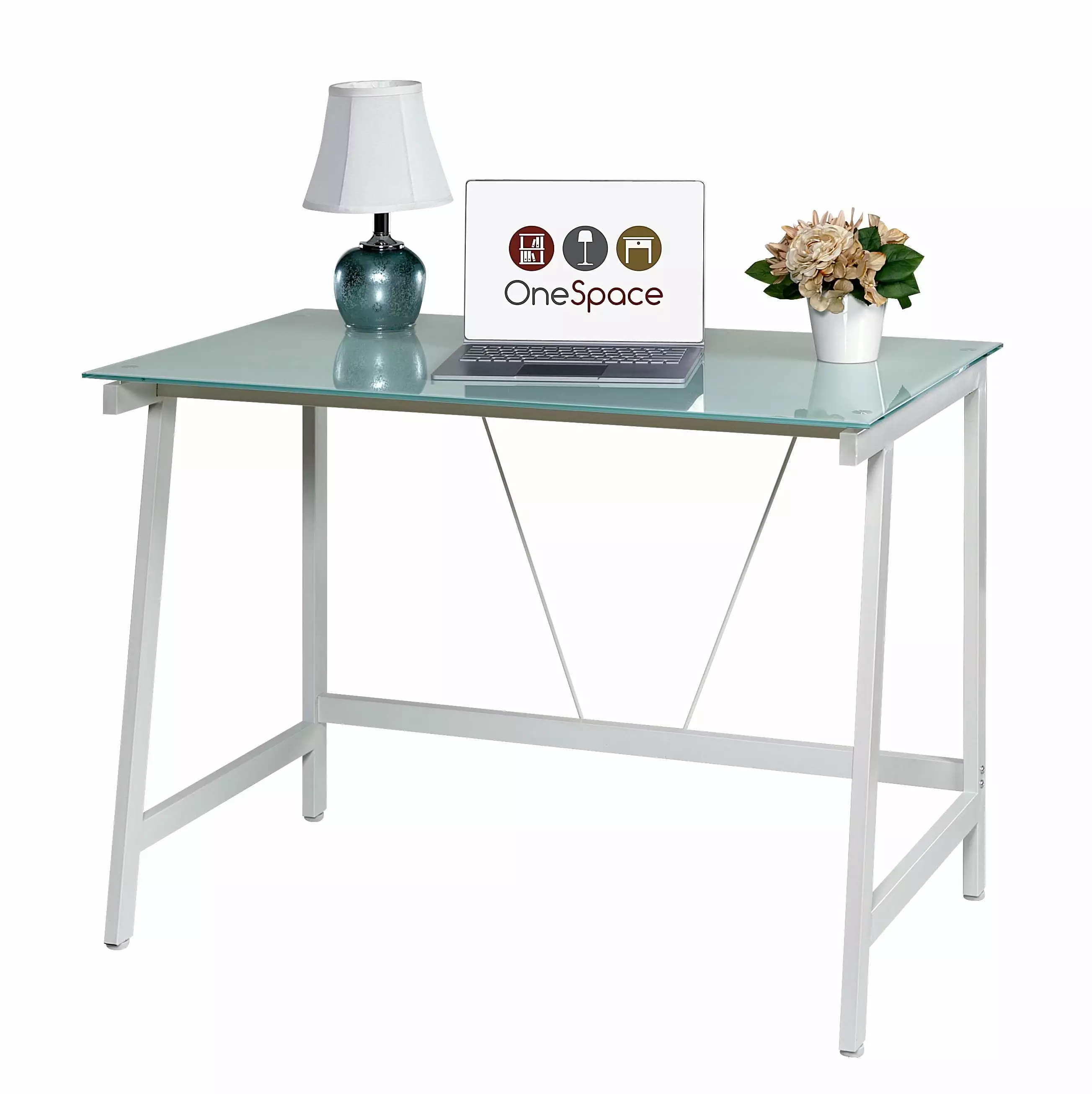 OneSpace 50-HD0107 Contemporary Glass Writing Desk - White and Cool Blue Steel Frame Modern Workstation Comfort Products