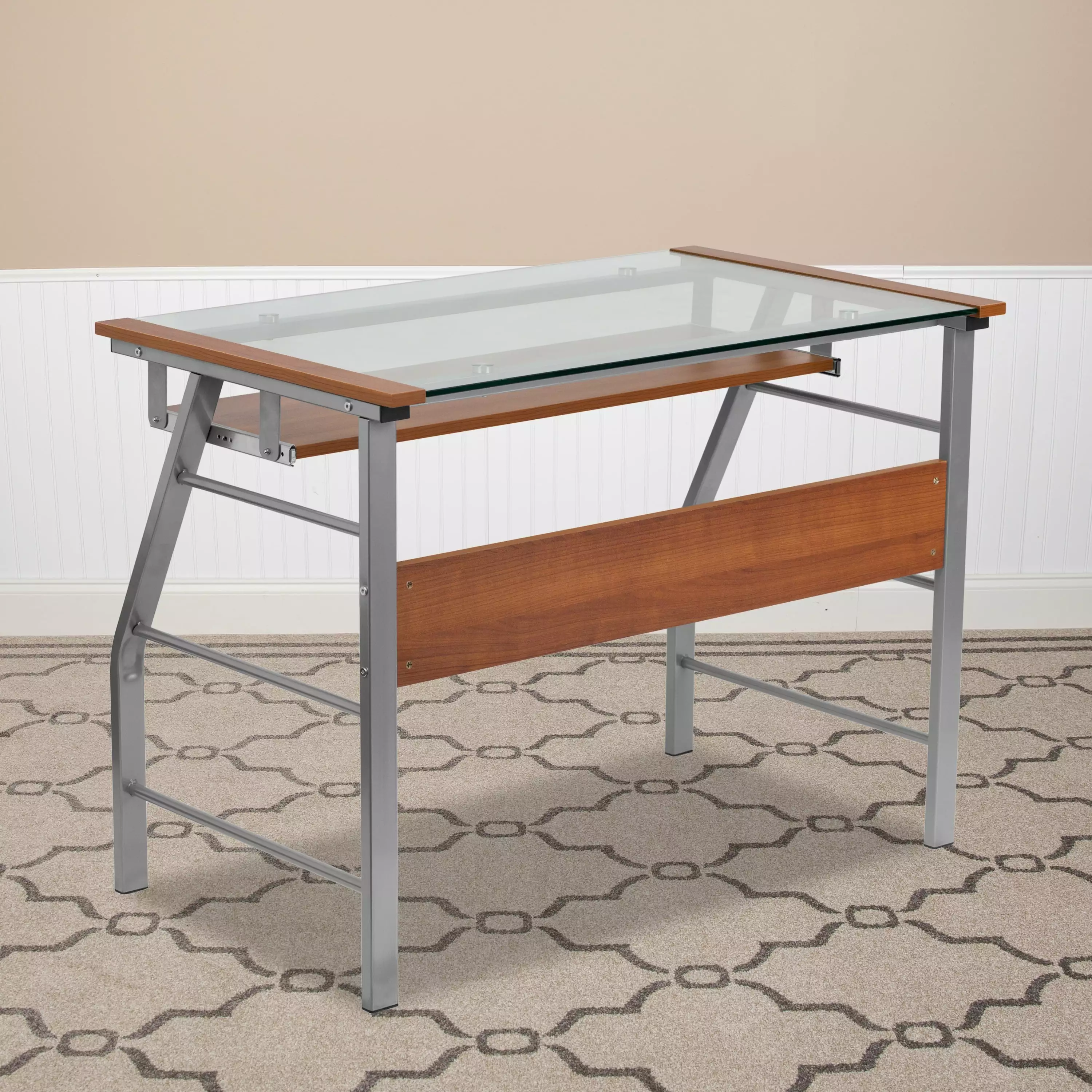 Emma + Oliver Glass Computer Desk Pull-Out Keyboard Tray