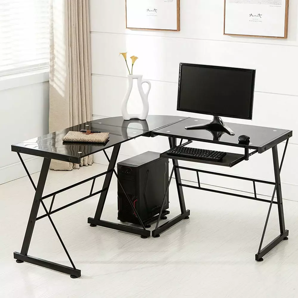 BaytoCare L-Shaped Computer Desk PC Stalinite Glass Laptop Table Workstation Corner FCH