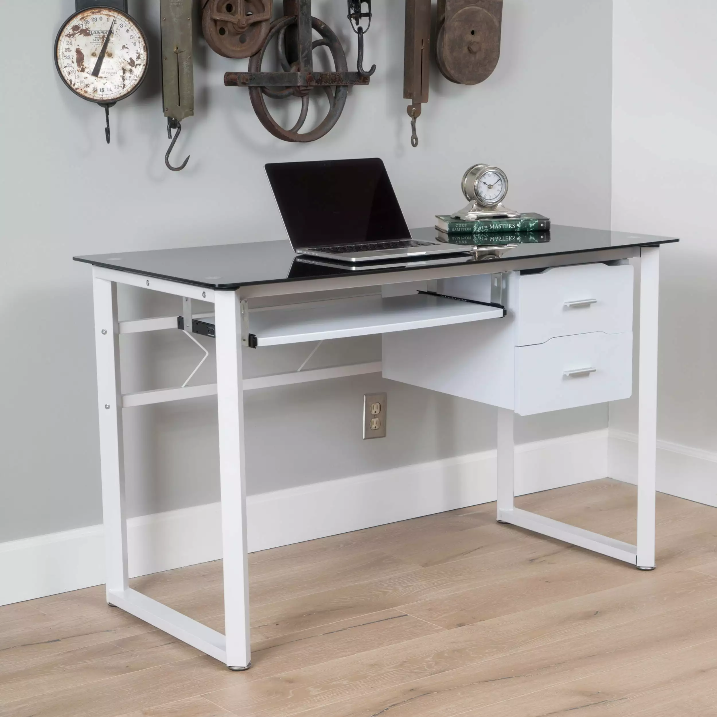 GDF Studio Rivendell Black Tempered Glass Computer Desk White and Black GDFSTUDIO