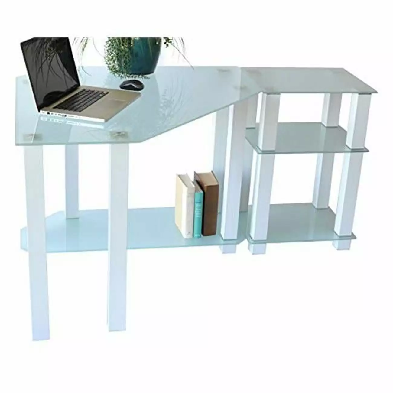 RTA Home Office Clear Tempered Glass Corner Computer Desk Right Extension White Magic Plastics