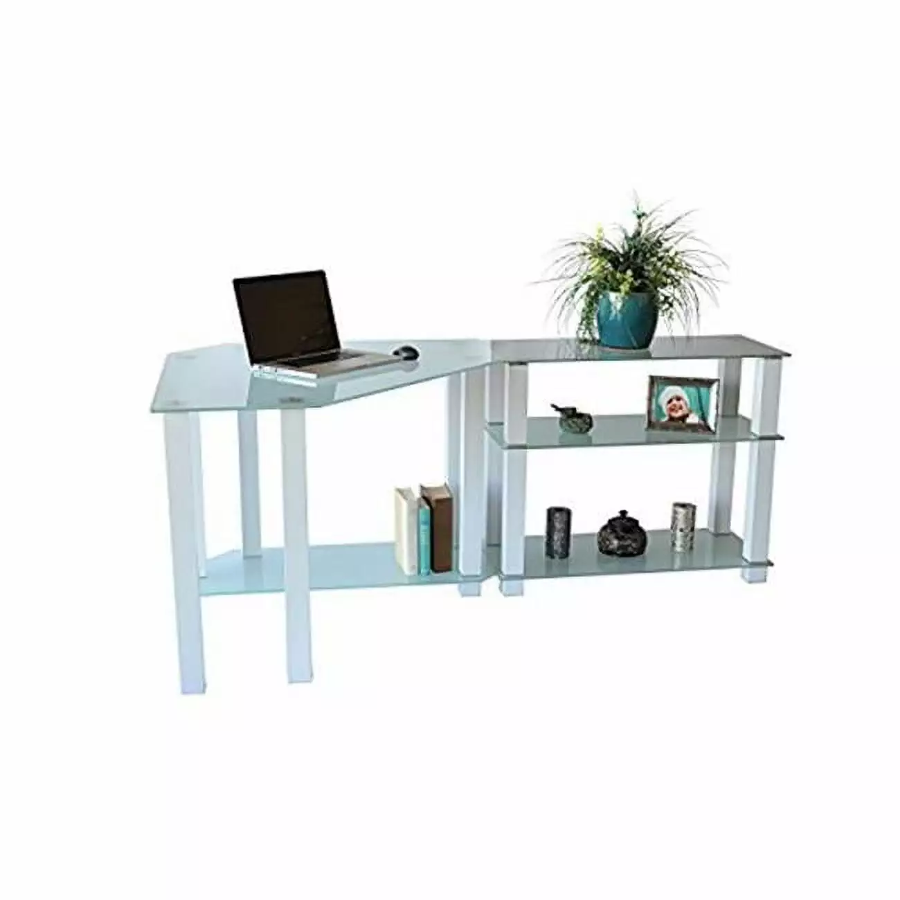 RTA Home and Office Frosted Tempered Glass Gloss White Corner Computer Desk Right Extension Table Magic Plastics