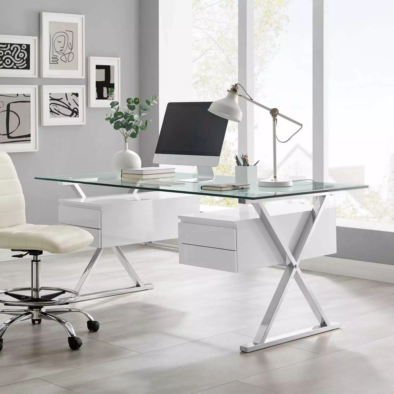 Modway Sector 71 Glass Top Glass Office Desk White Modern Minimalist Workstation