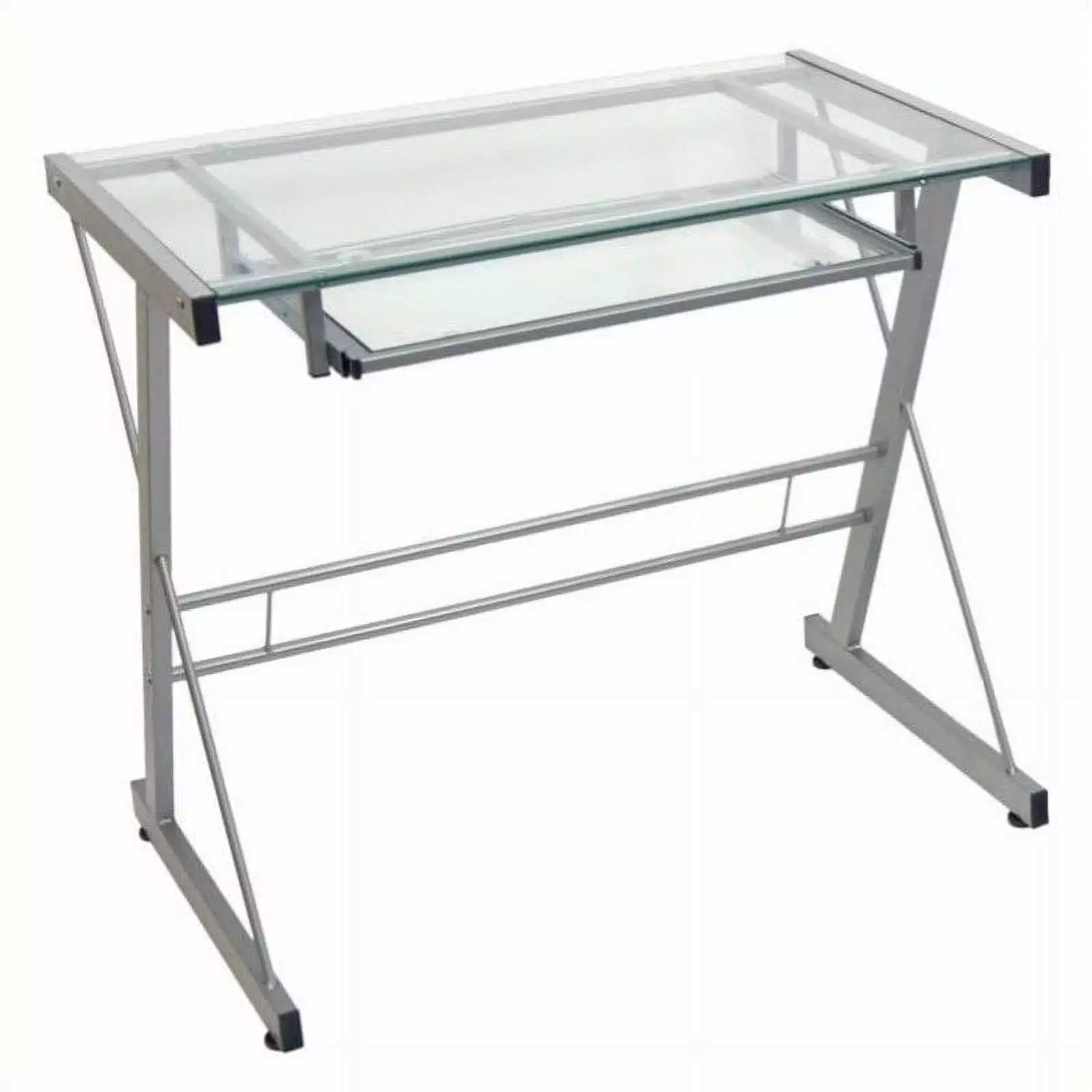 Pemberly Row Silver Small Glass Top Computer Desk Keyboard Tray