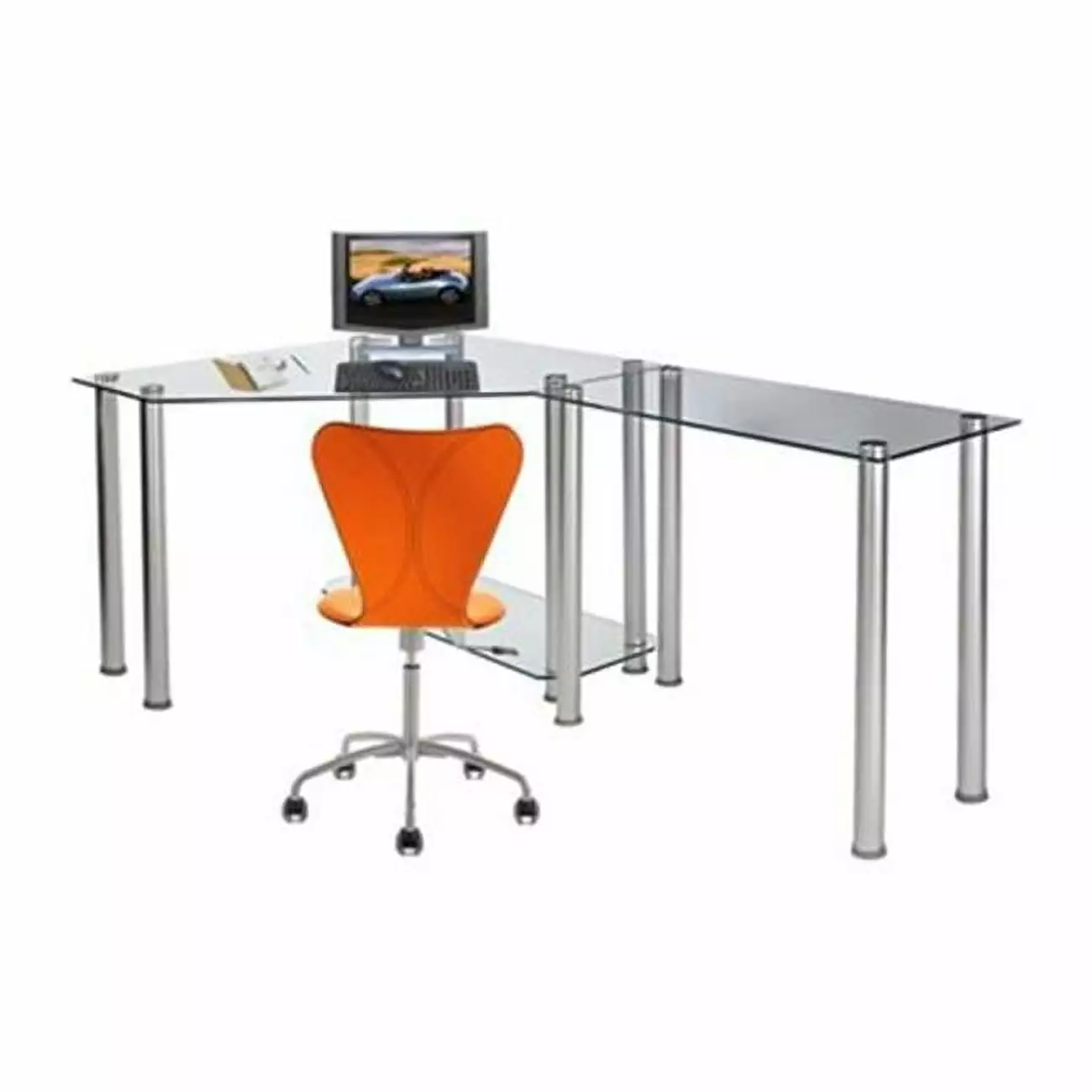 RTA Home and Office Clear Tempered Glass Corner Computer Desk Right Extension Table Modern