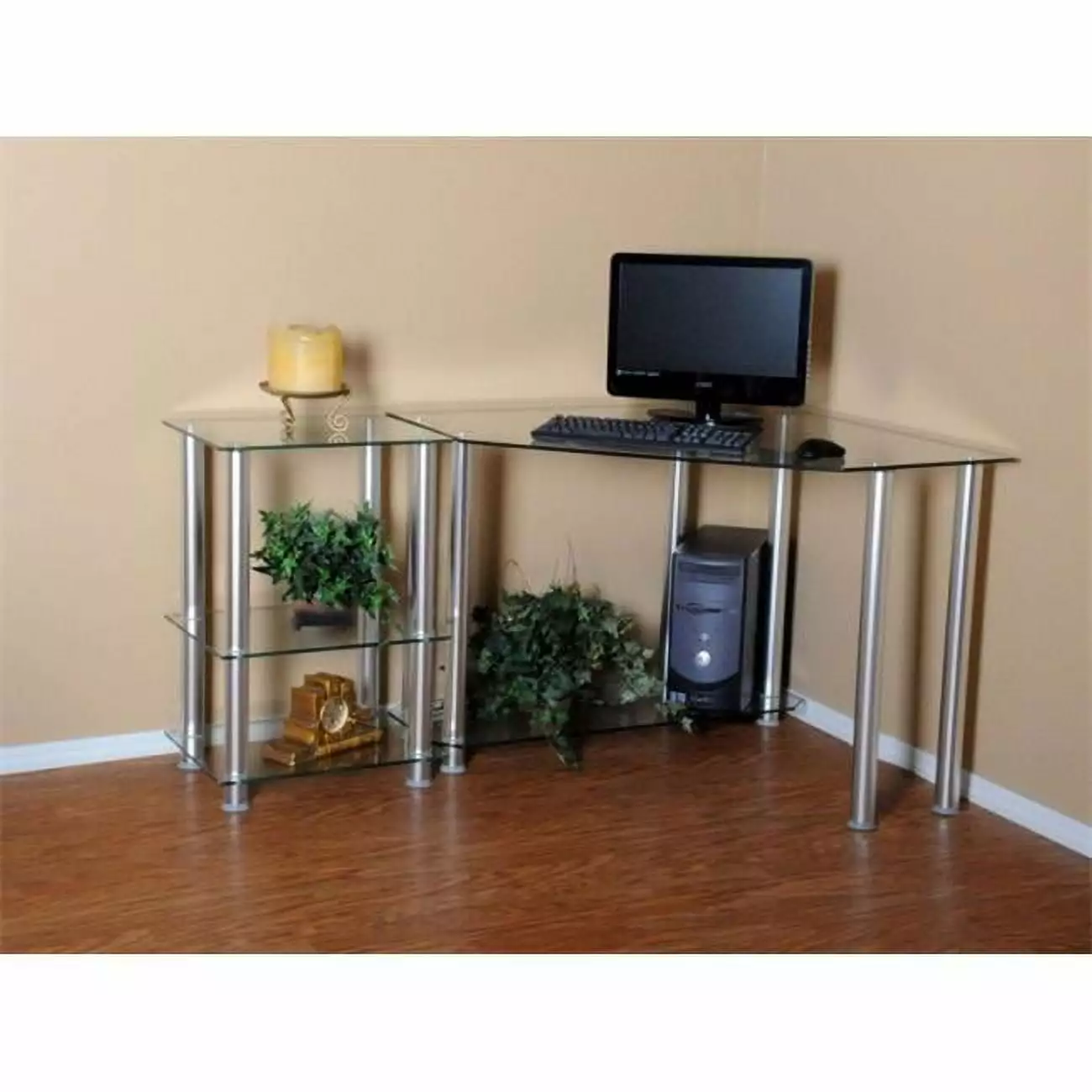 RTA Home and Office CT-0135 Clear Tempered Glass Corner Computer Desk Right Extension Table