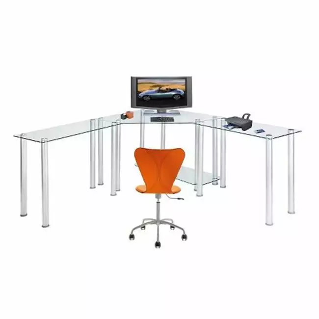 RTA Home and Office CT-013LR Clear Tempered Glass Corner Computer Desk Left and Right Extension Tables