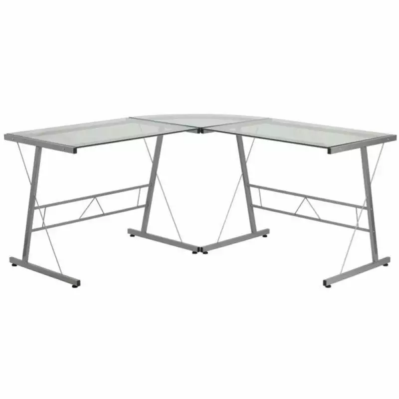 Scranton & Co Glass Top L-Shaped Computer Desk Silver - Sleek Modern Office Desk