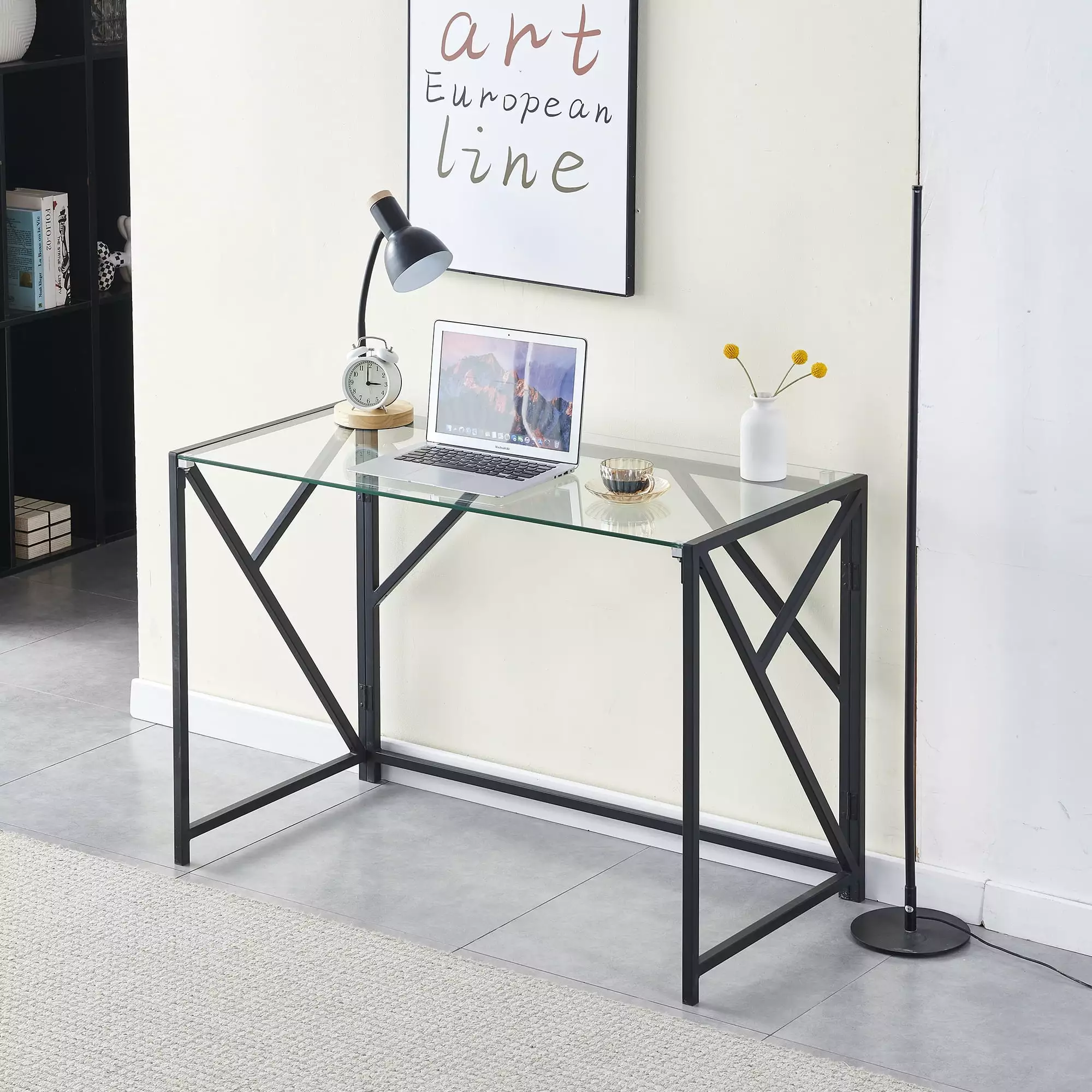 S&M Tempered Glass Computer Desk Clear Folding Computer Desk Student Writing Study Desk Folding Design