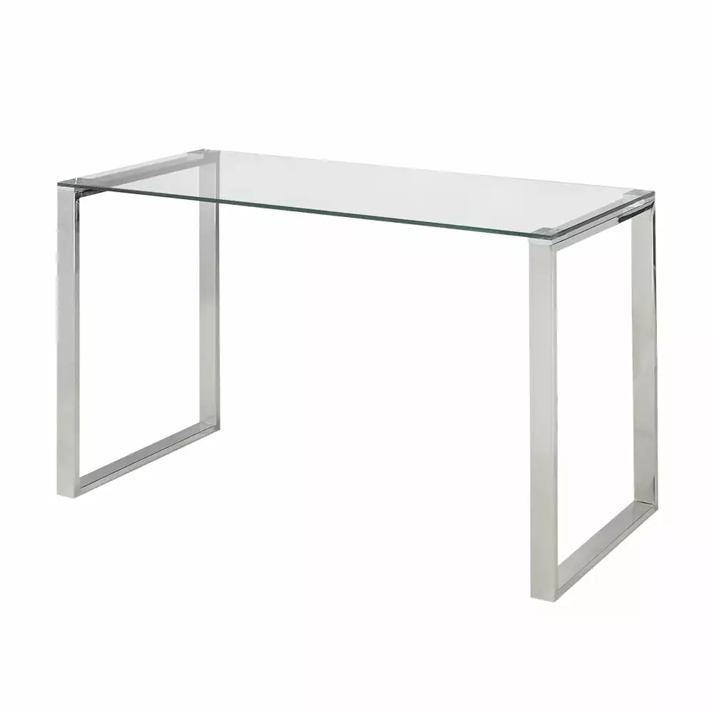 Uptown Club Moss Stainless Steel Desk Tempered Glass Top Silver Modern Desk