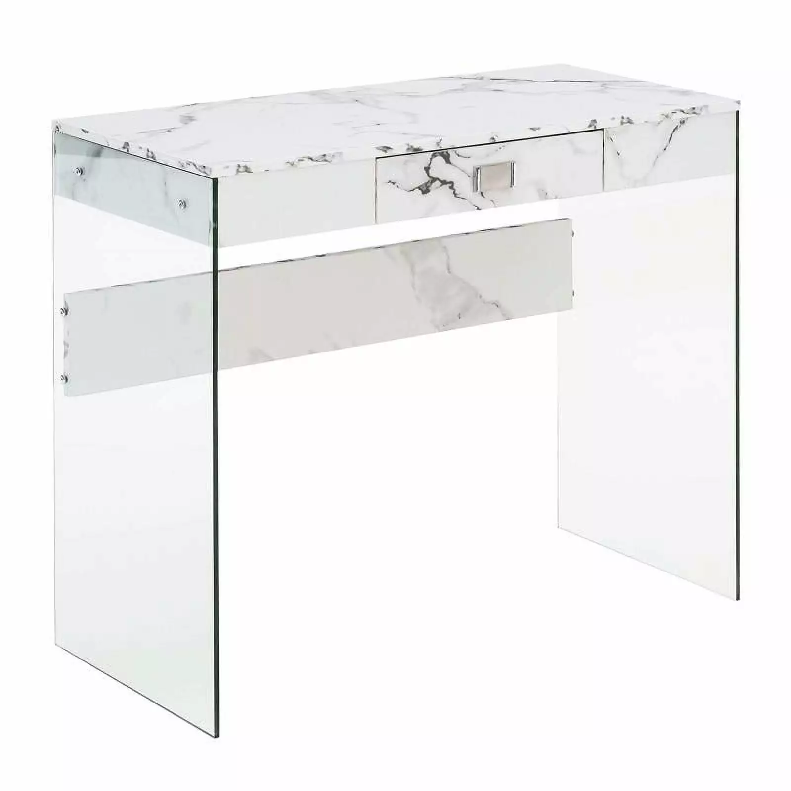 UrbanPro Contemporary Glass 36 Desk - Clear Glass and White Faux Marble Finish