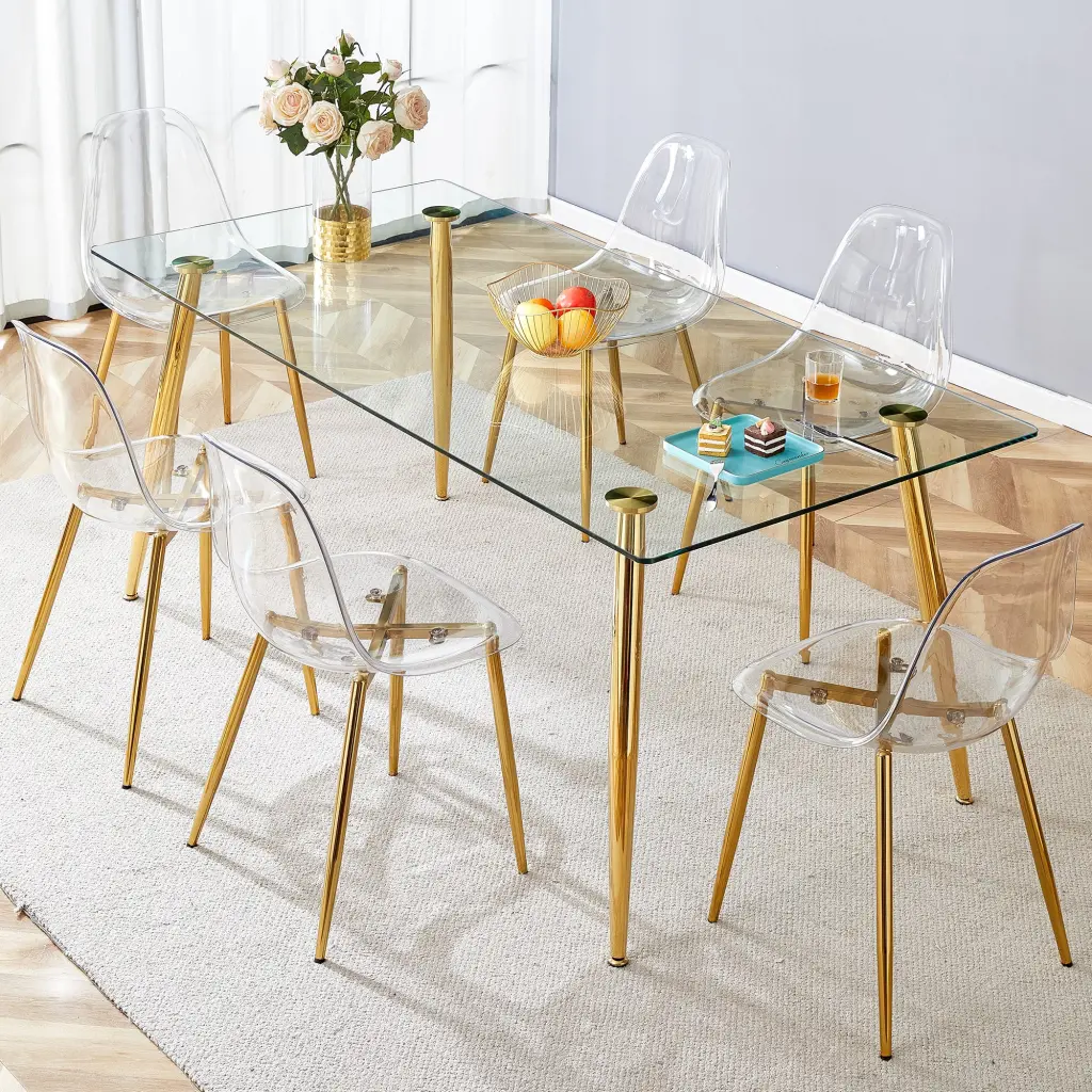 Modern Rectangular Glass Dining Table Tempered Glass and Chair Set droom w-1151