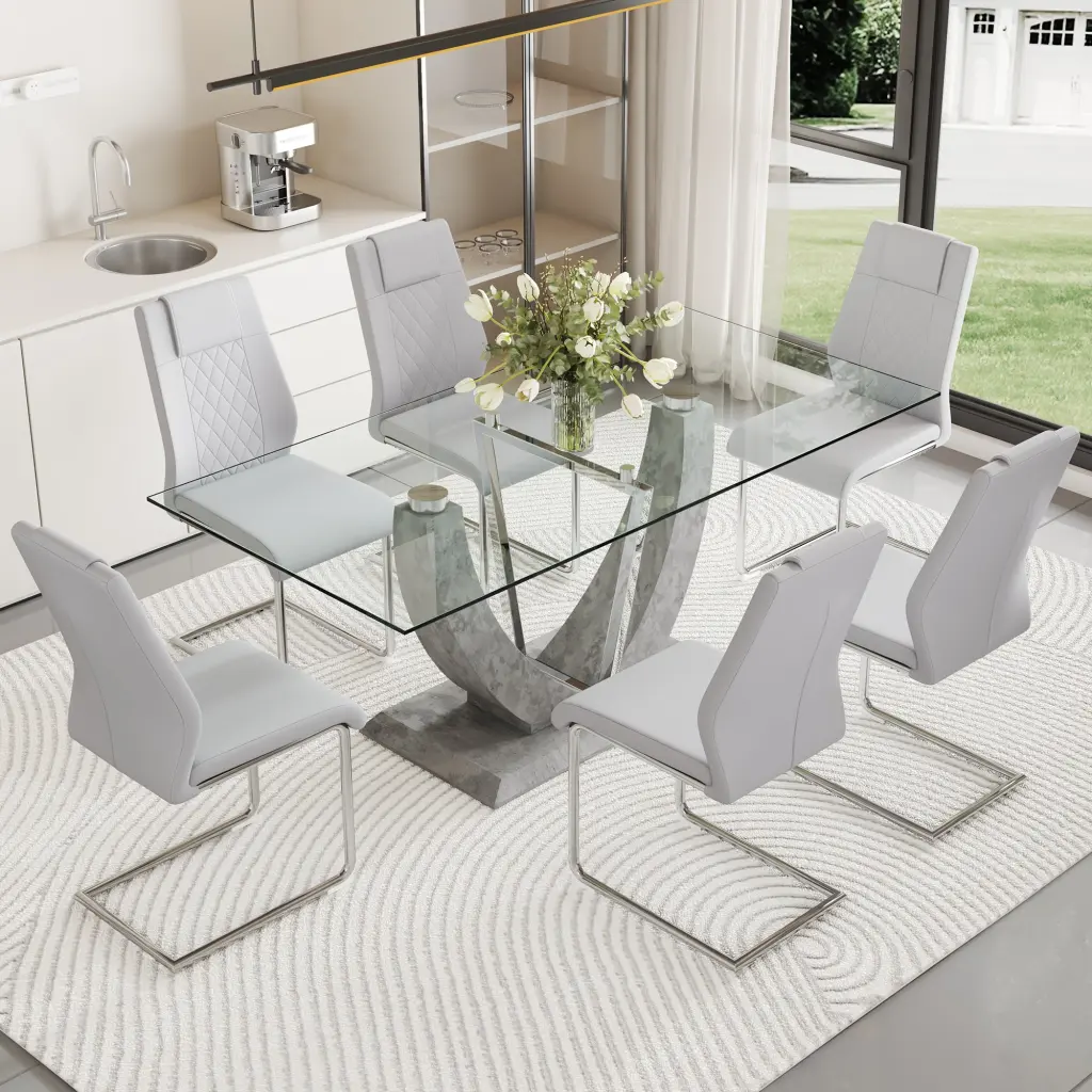 Modern Rectangular Glass Table and Chair Set Large Dining Set droom w-1151