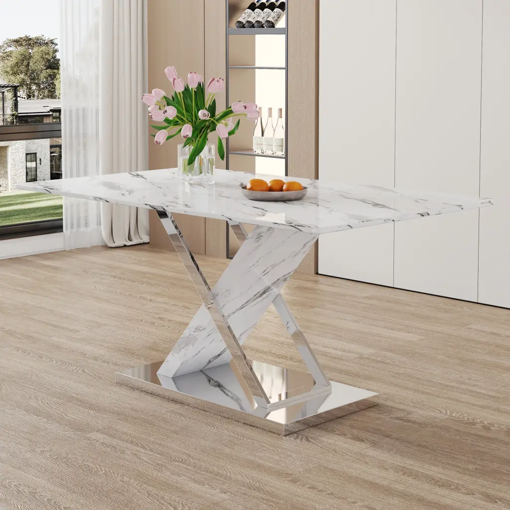 Modern White Rectangular Marble Textured Glass Dining Table droom w-1151
