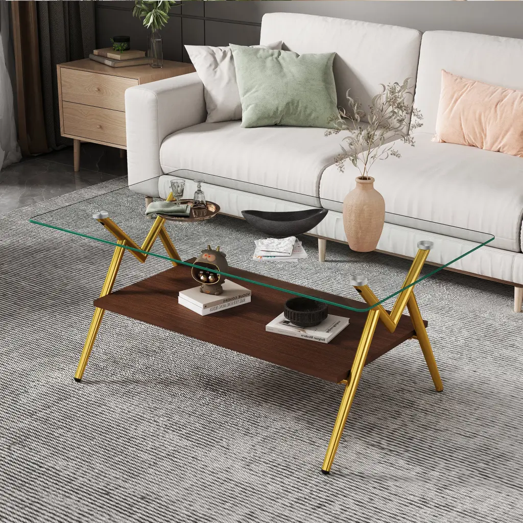 Rectangle Coffee Table Tempered Glass Top and Golden Metal Legs jws-w241