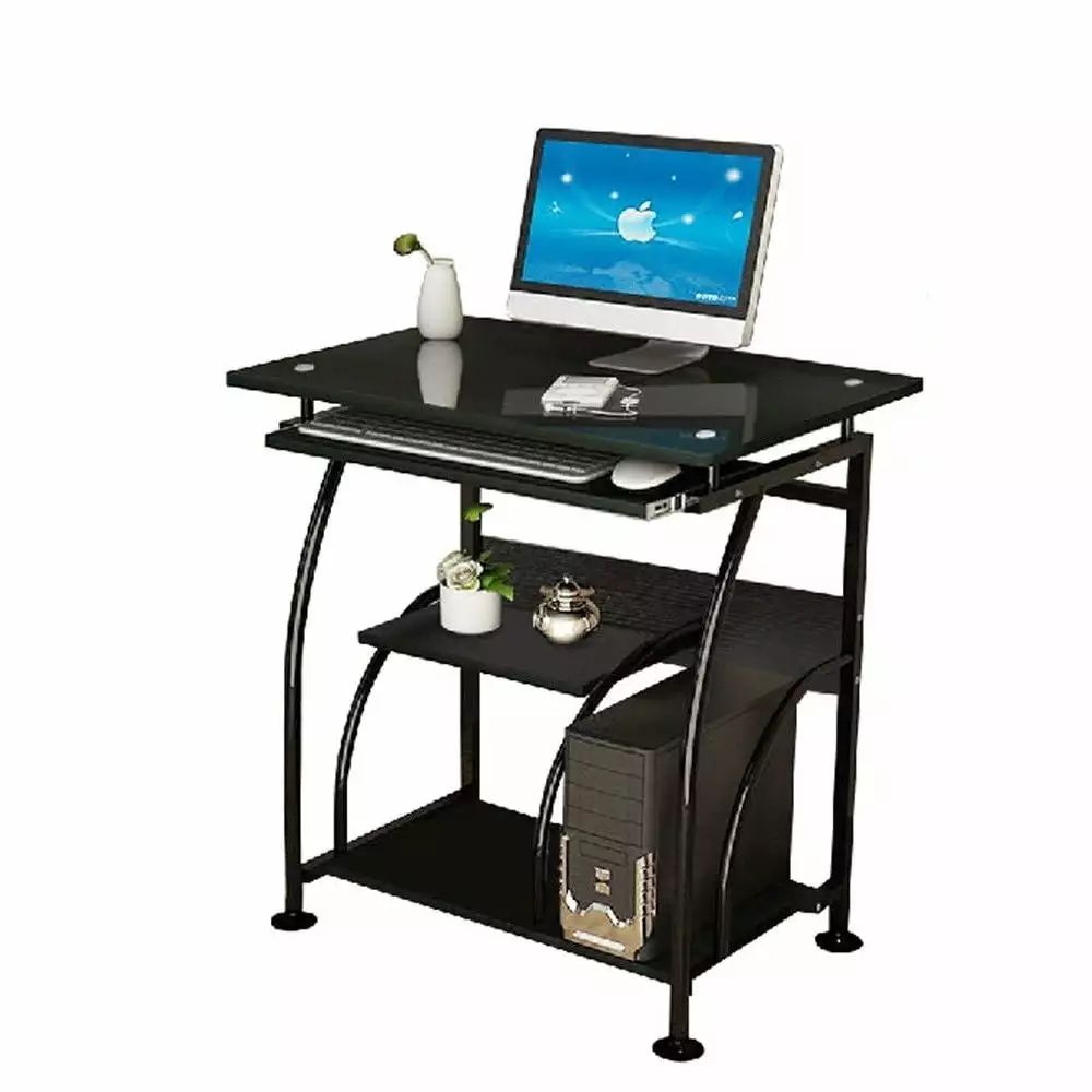 SamyoHome Office Computer Desk Glass Top Corner PC Desk Laptop Table Study Workstation Black FCH