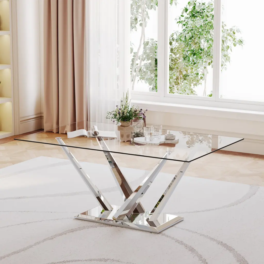0.39'' Thick Tempered Glass Rectangular Dining Table Stainless Steel Base w1311 artisan furniture