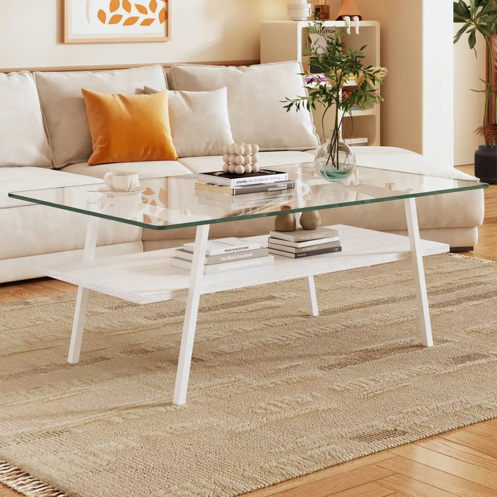 Rectangle Coffee Table Tempered Glass Tabletop White Metal Legs Modern Living Room Table jws-w241