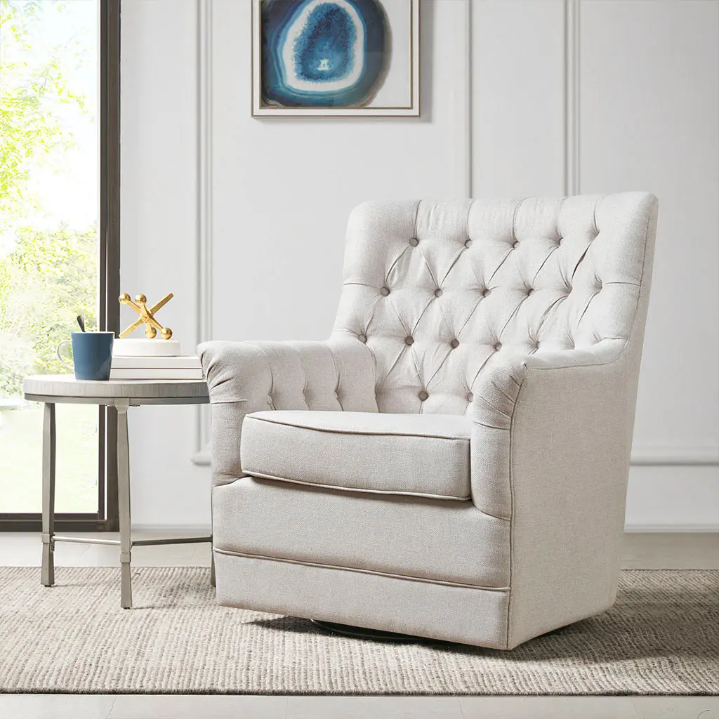 Mathis Swivel Glider Chair Beige Solid Wood Modern Rocker jla